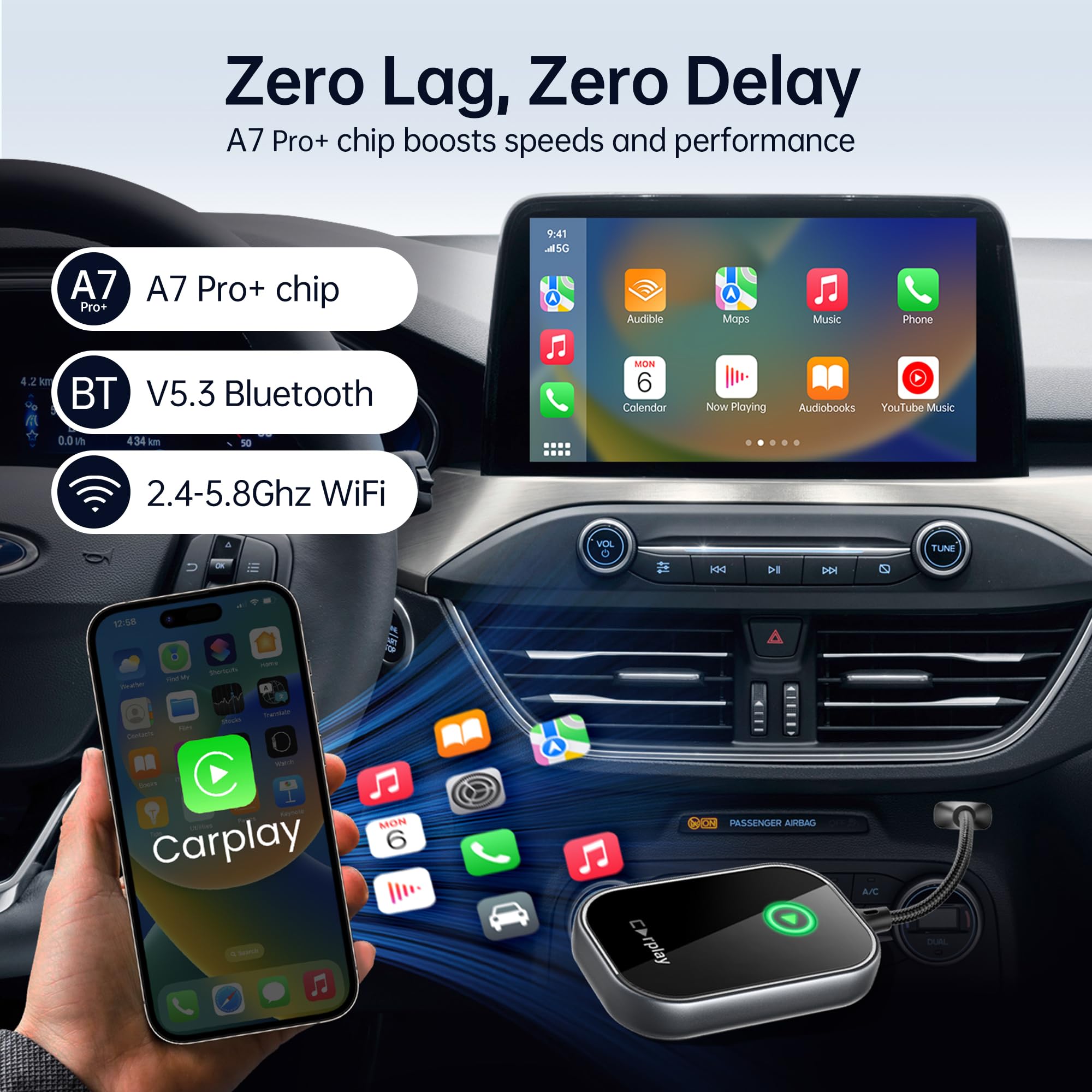 (2023 Upgrade) Wireless Carplay Adapter For Apple Iphone, Converts Factory Wired To Wireless Carplay Dongle Plug & Play Auto Con