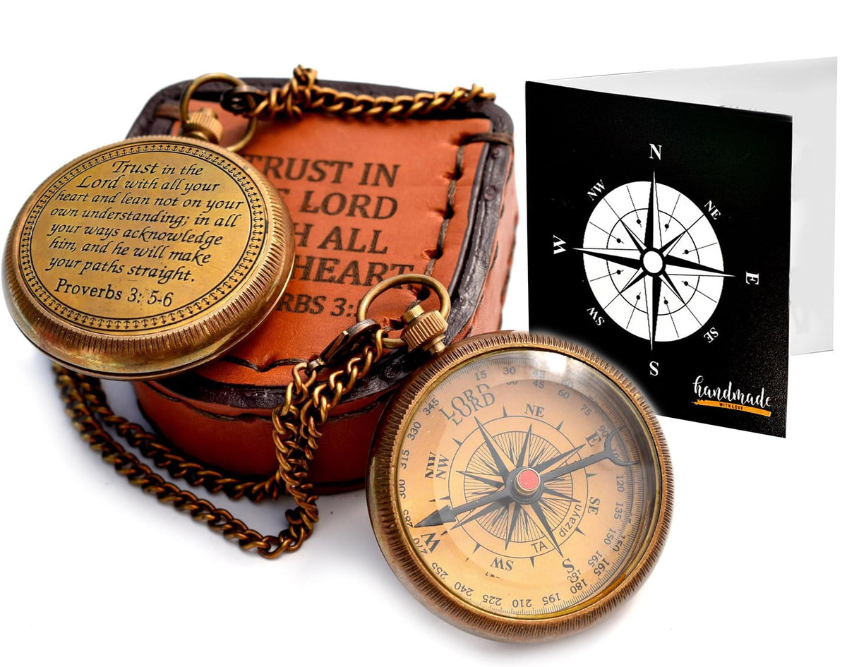 Brass Compass With Wooden Box, Christian Gifts, Baptism Gifts For Girl Boys, Graduation Gifts, Religious Gifts For Men, Confirma