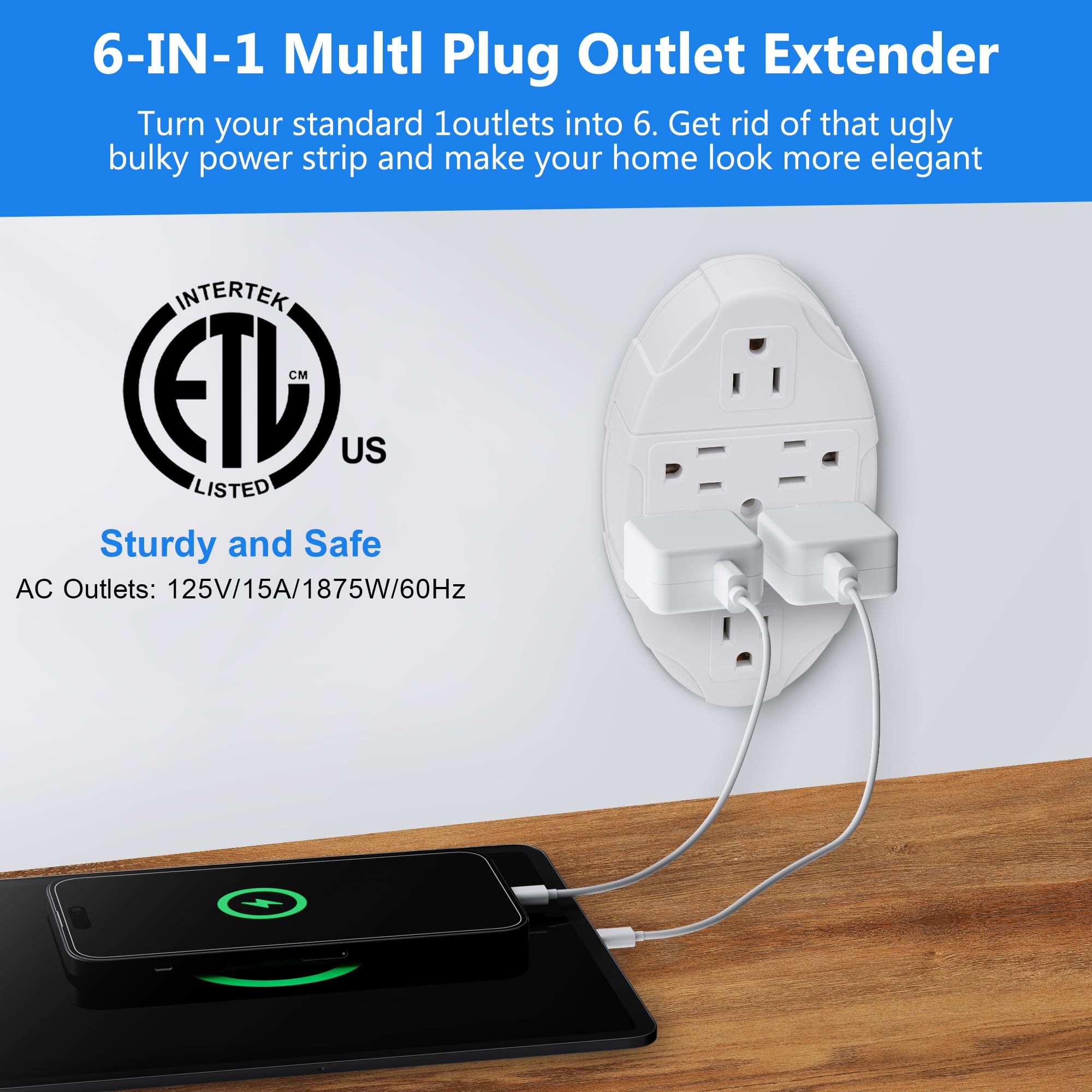 6 Outlet Extender, 3 Prong Electrical Outlet Splitter, Multi Plug Outlet, Easy Install, Grounded Wall Tap, Space Saving Design,