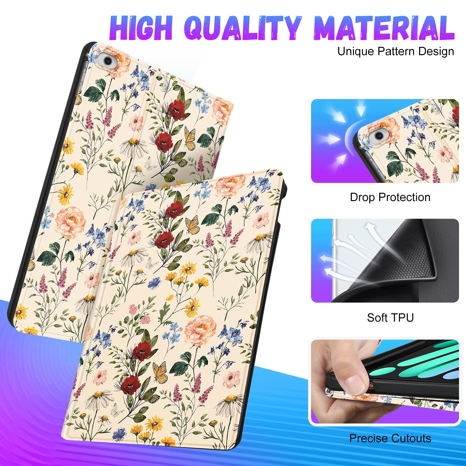 Uppuppy For Apple Ipad Mini 5/4/3/2/1 Case, For Ipad Mini 5Th/4Th/3Rd/2Nd/1St Generation Case Kids Cute Flower Folio Women Kawai