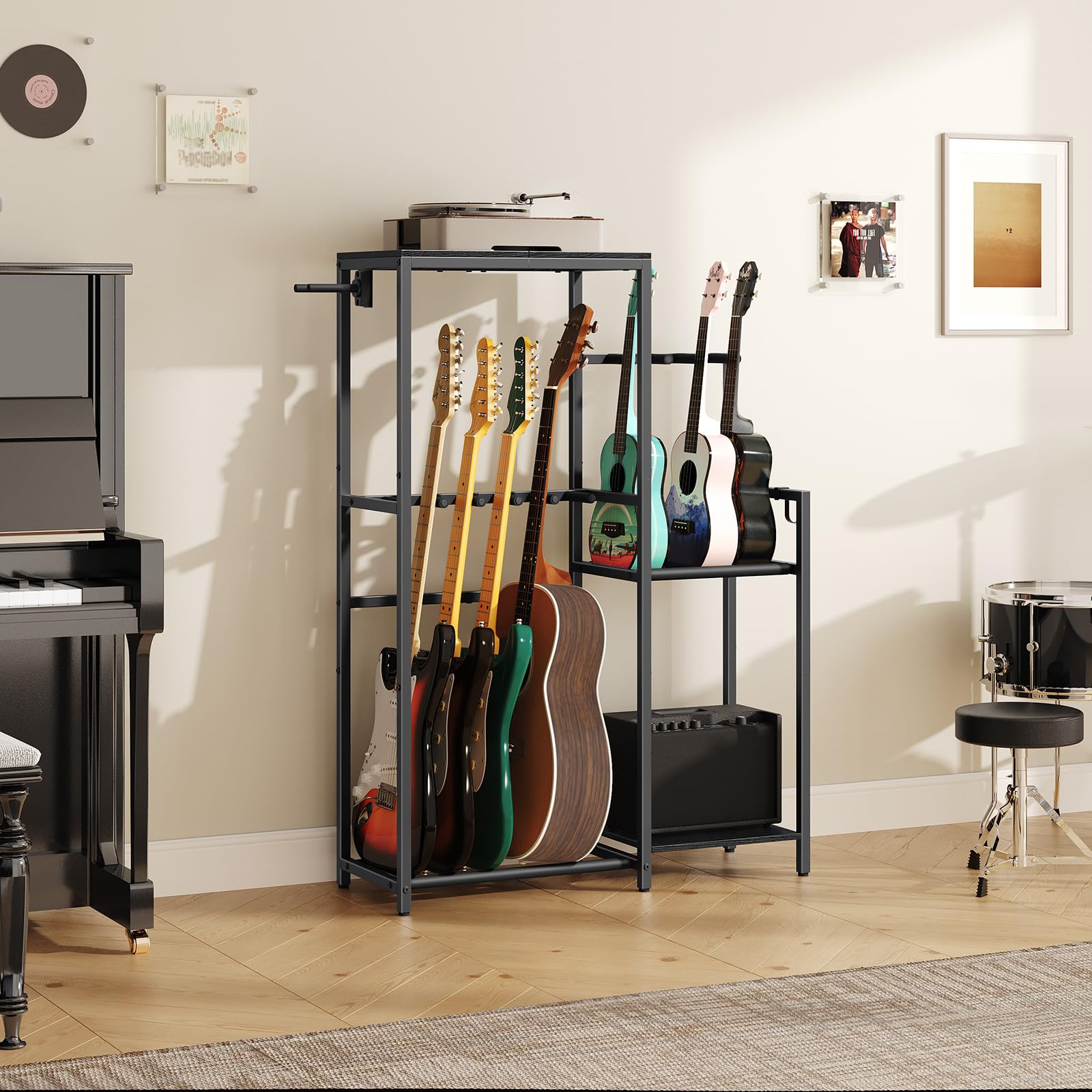 Mahancris Multi-Guitar Rack, For Acoustic, Electric, Bass, Ukulele, Banjo, 5 Guitars, Amp Stand, Record Rack, Accessory Holder,