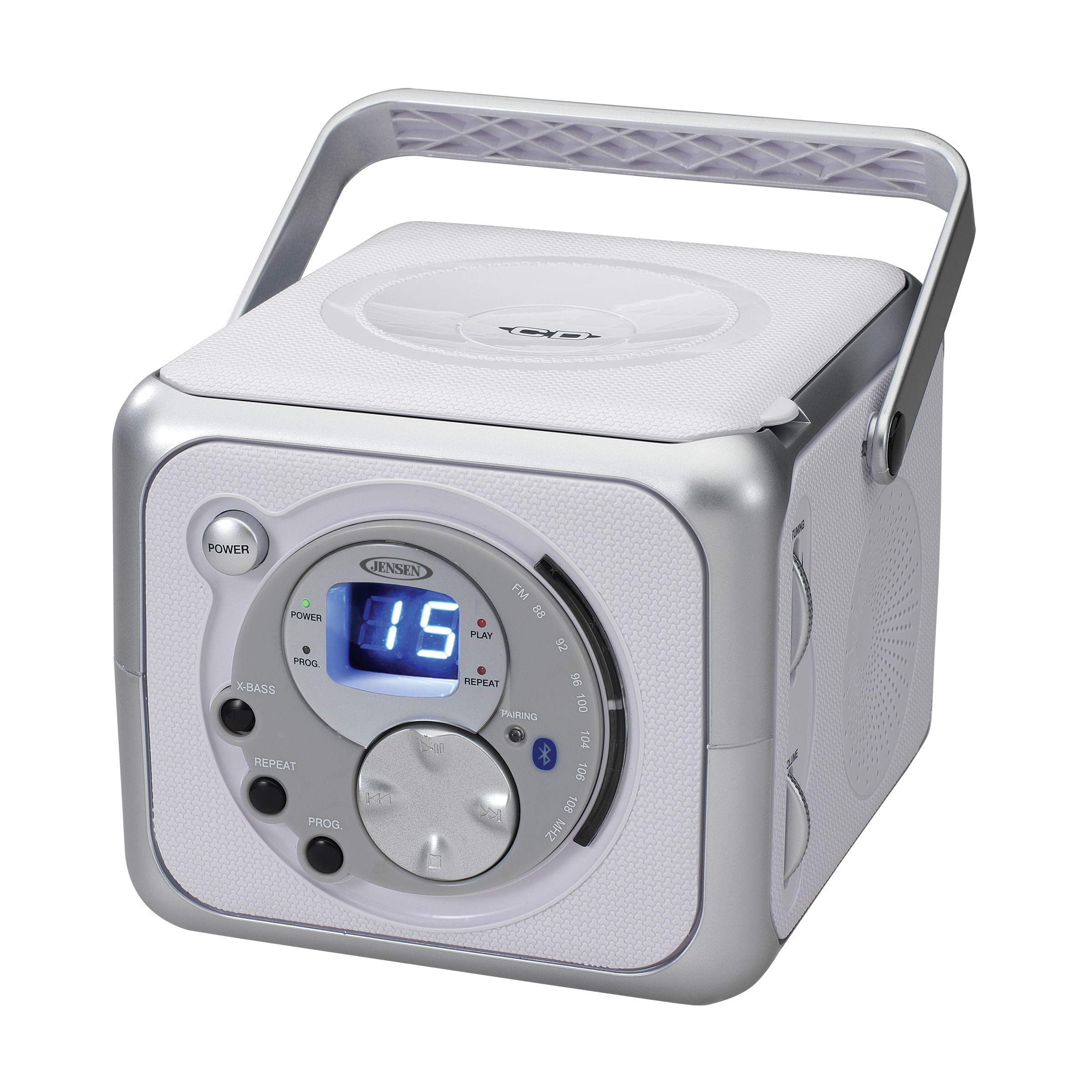Jensen CD-555 White/Silver CD Bluetooth Boombox Portable Bluetooth Music System with CD Player +CD-R/RW & FM Radio with Aux-in &