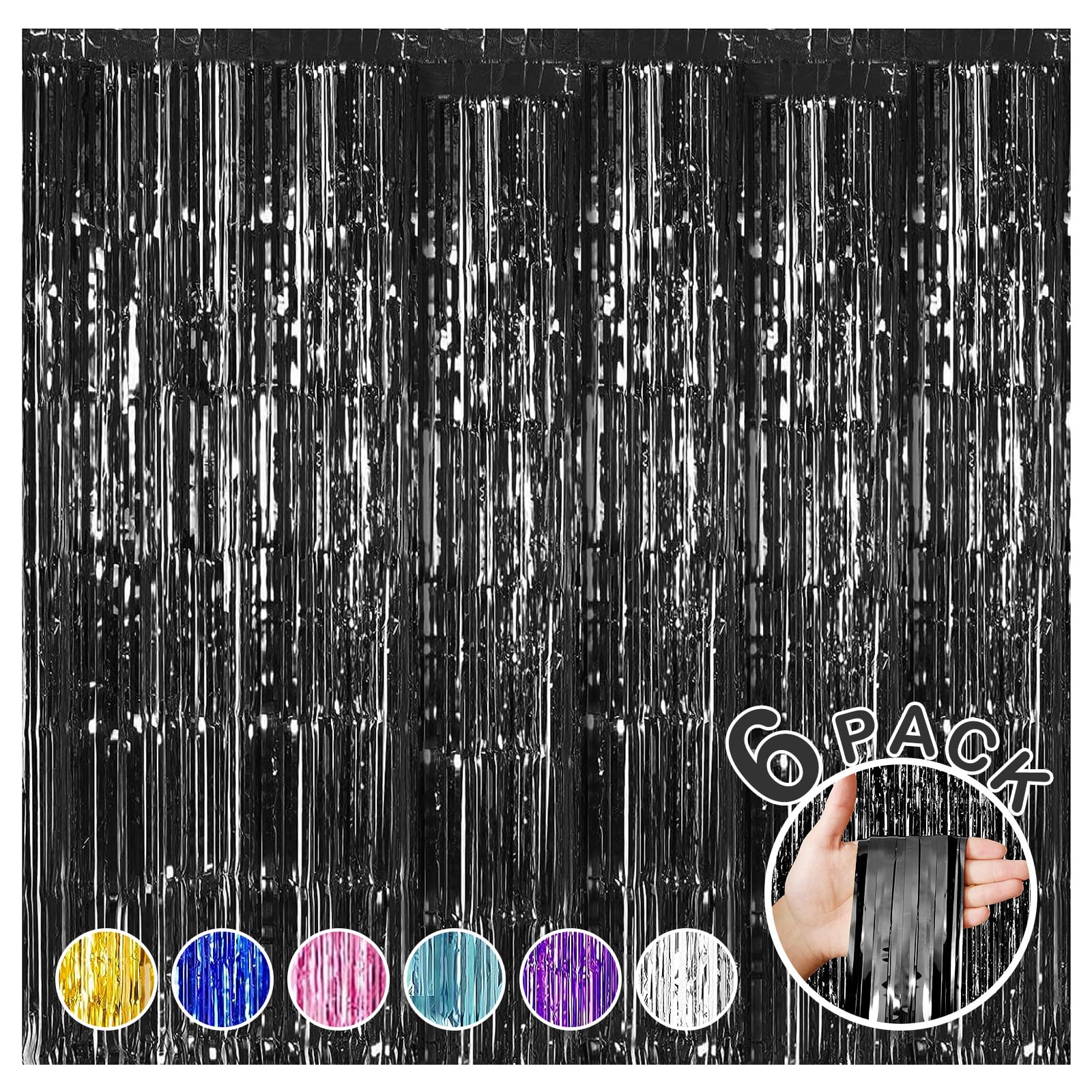 6 Pack Foil Fringe Backdrop Curtains, 3.28 X 8.2 Ft Black Tinsel Streamers Metallic Tinsel Foil Fringe Curtains Photo Booth Back
