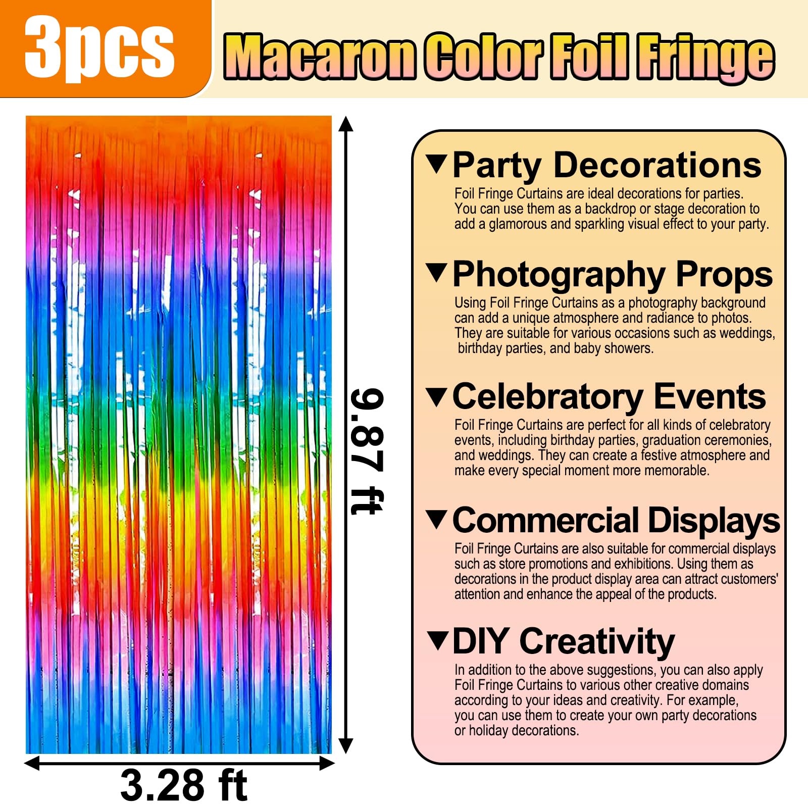 3 Pack Dark Rainbow Foil Fringe Curtain Backdrop, 3.28Ft X 9.8Ft Metallic Tinsel Foil Fringe Streamer Curtains For Photo Booth,