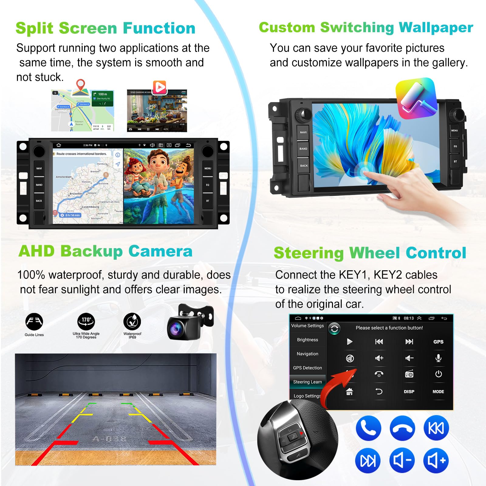 Podofo 2+64G Car Stereo For Jeep Wrangler Dodge Chevrolet Ram 1500 Android Radio With Wireless Apple Carplay, 7' Touchscreen Stereo With Wifi, Gps, Rds/Fm Radio, Bluetooth + Backup Camera & Mic