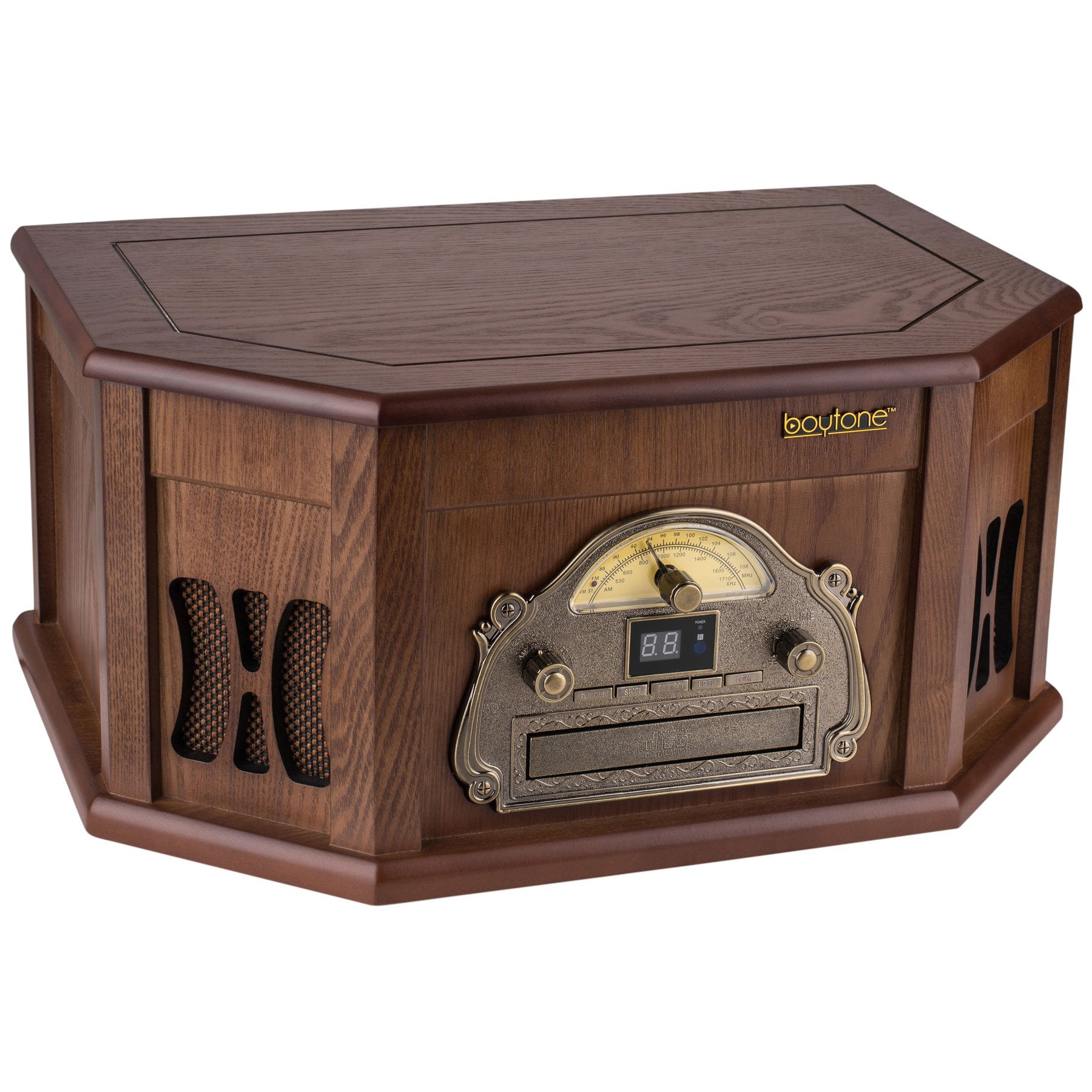 Boytone Bt 25Mb 8 In 1 Natural Wood Classic Turntable Stereo System With Bluetooth Connection, Vinyl Record Player, Am/Fm, Cd, Cassette, Usb, Sd Slot. 2 Built In Speakers, Remote Control, Mp3 Player