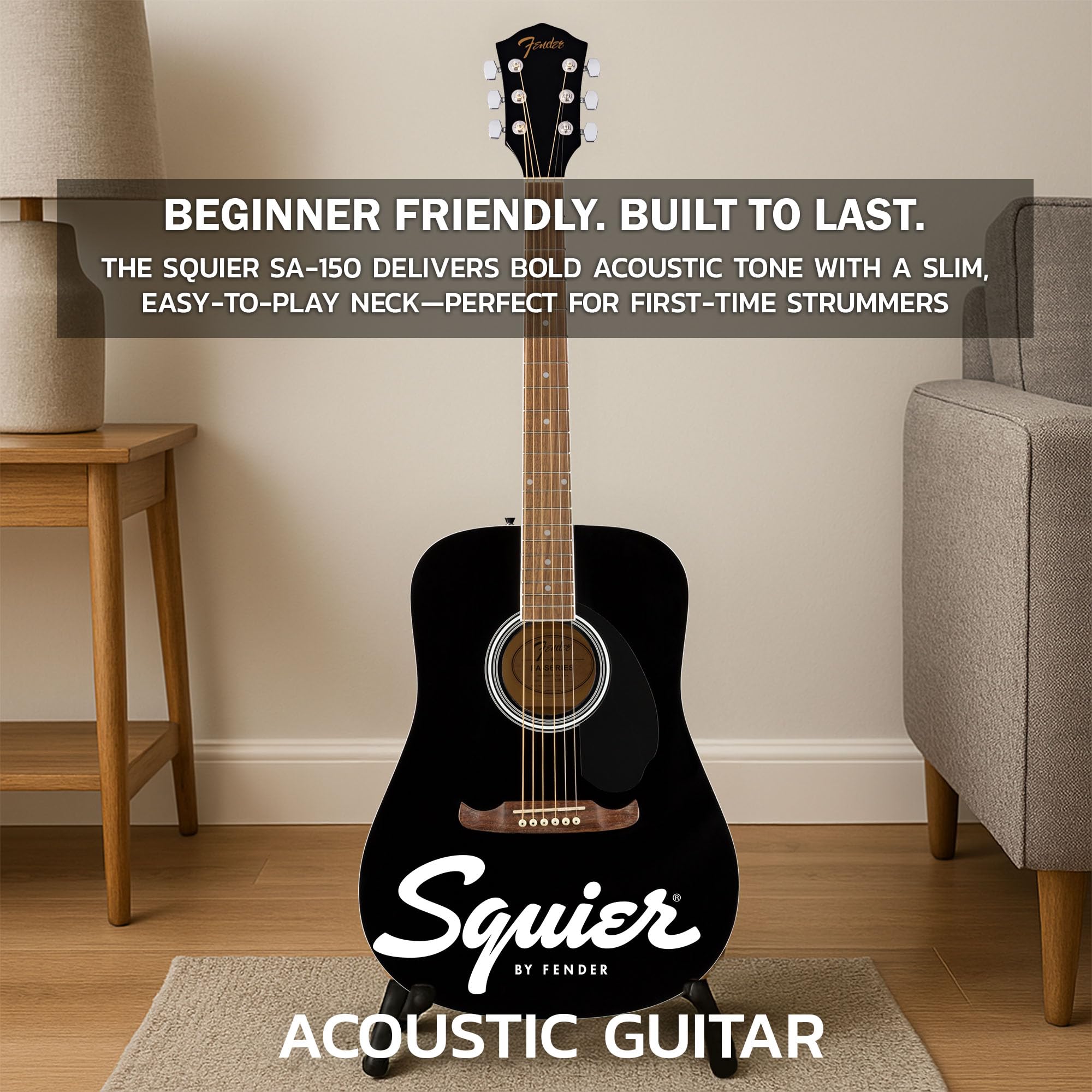 Fender Dreadnought Acoustic Guitar - Black Bundle With Gig Bag, Tuner, Strap, Strings, String Winder, Picks, Fender Play Online