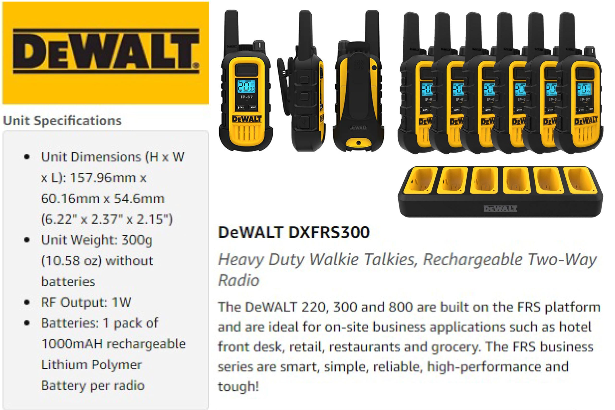 Dewalt Dxfrs300 1 Watt Heavy Duty Walkie Talkies   Waterproof, Shock Resistant, Long Range & Rechargeable Two Way Radio With Vox (6 Pack W/Gang Charger) (Dxfrs300 Bch6)