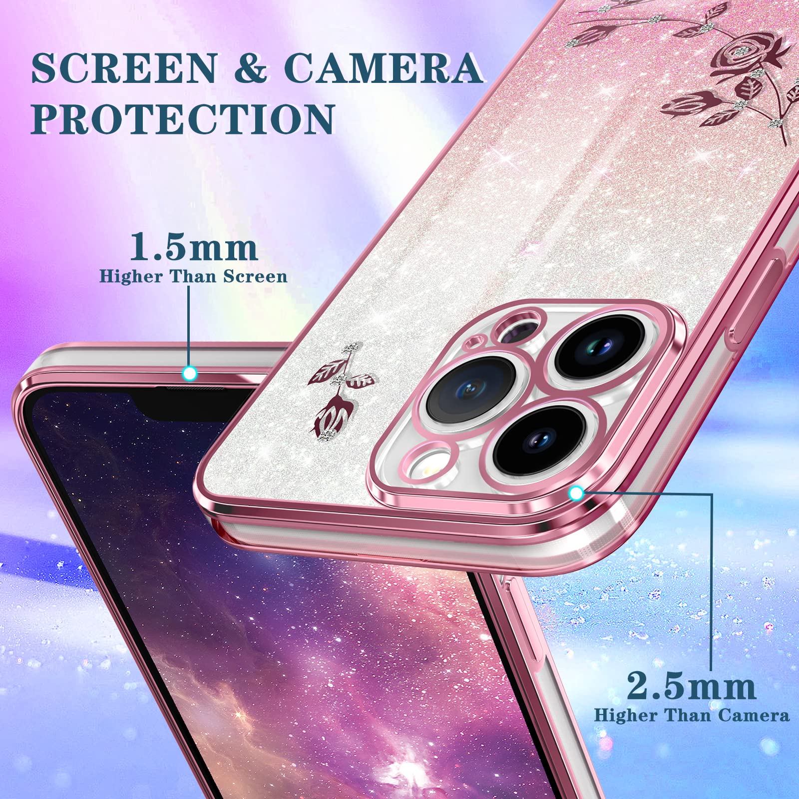 Coralogo (3In1 For Apple Iphone 14 Pro Case Glitter Sparkly For Women Girls Sparkle Girly Bling Shiny Phone Cover Cute Flowers F