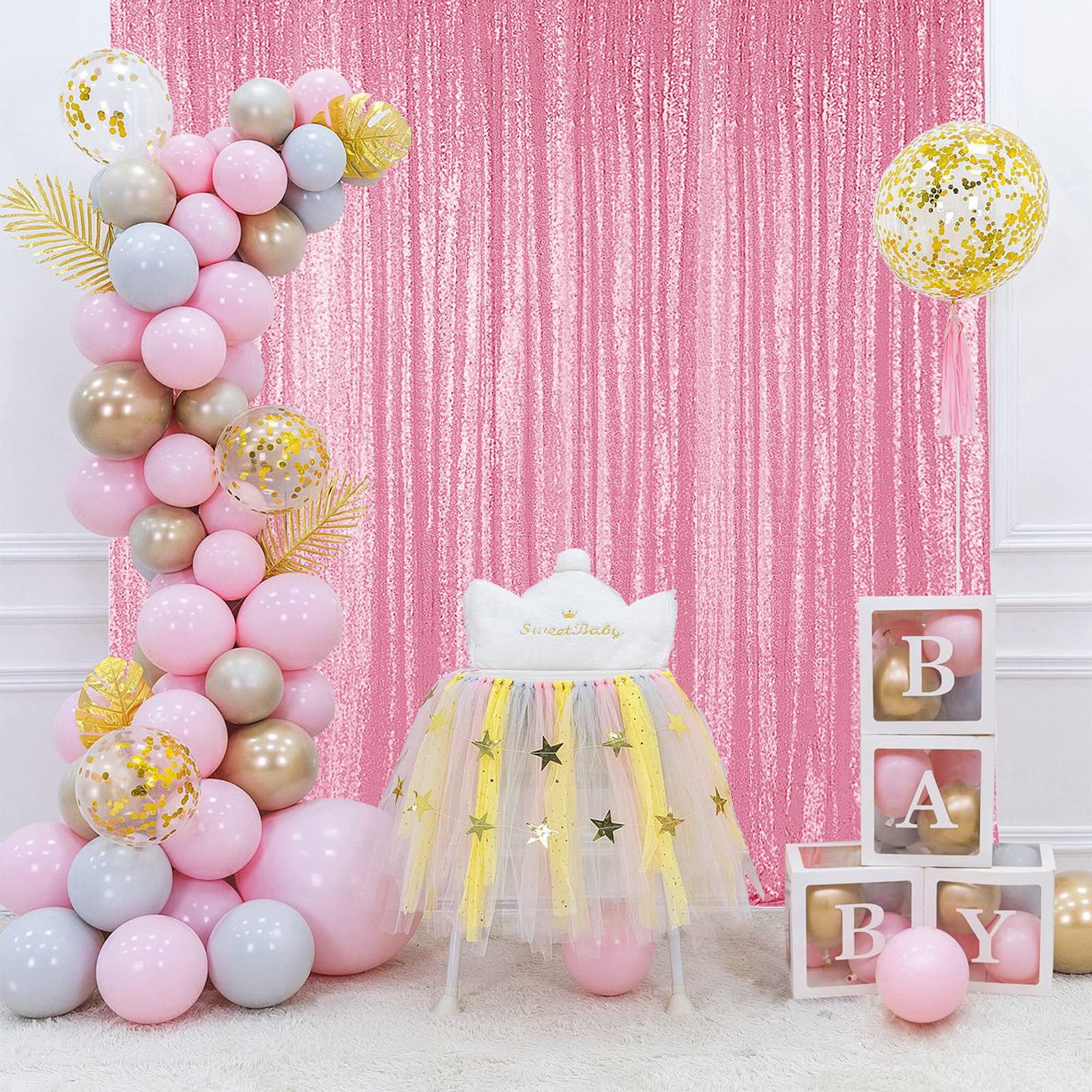 Hahuho Pink Sequin Backdrop Curtain, 2Pcs 2Ftx8Ft Glitter Backdrop Curtain For Parties, Christmas, Wedding, Banquet Decoration(2