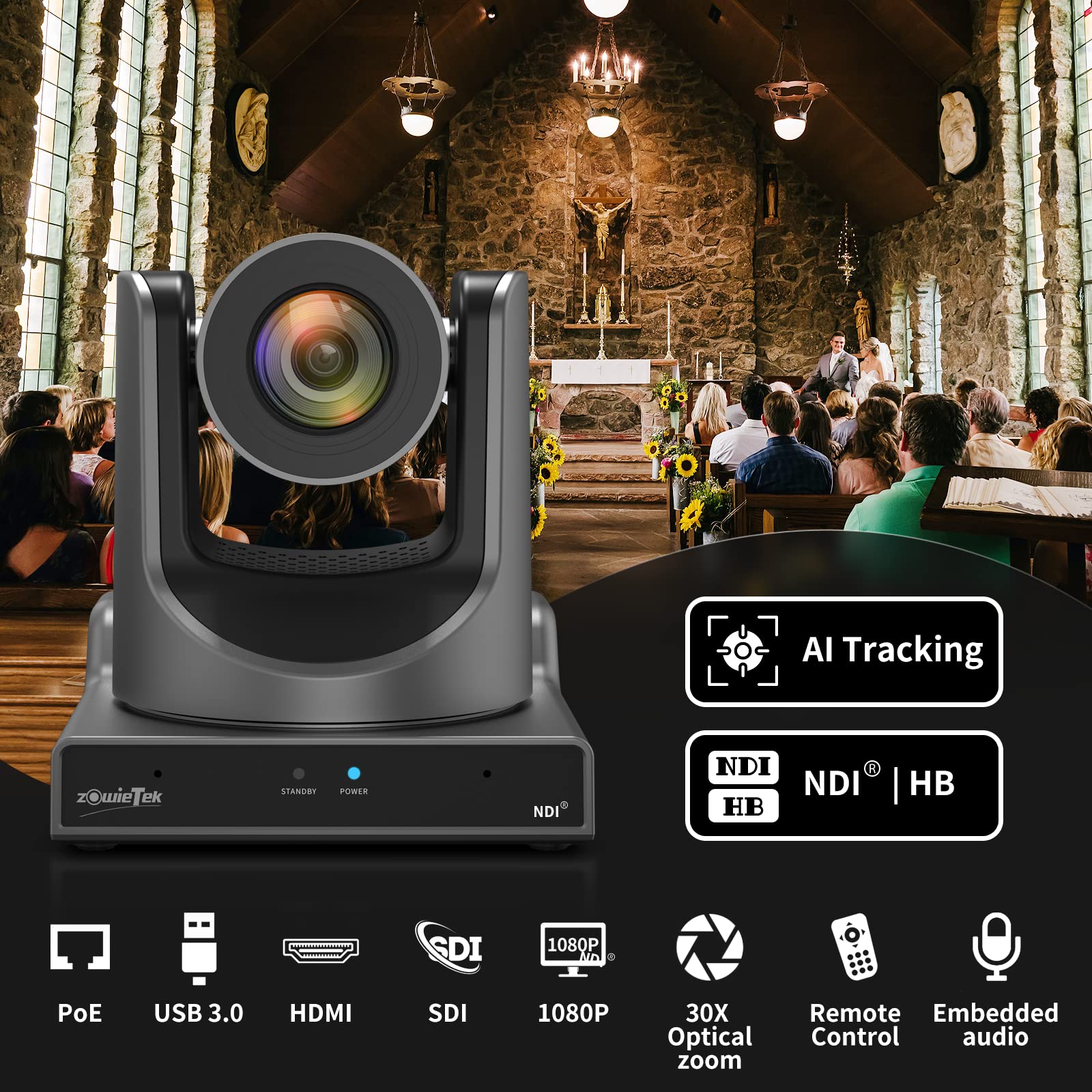 Zowietek New Gen Ptz Camera Poe | Ai Tracking | 30X Optical Zoom | Ndi|Hb (Full Ndi) With Simultaneous Sdi, Hdmi And Usb Outputs