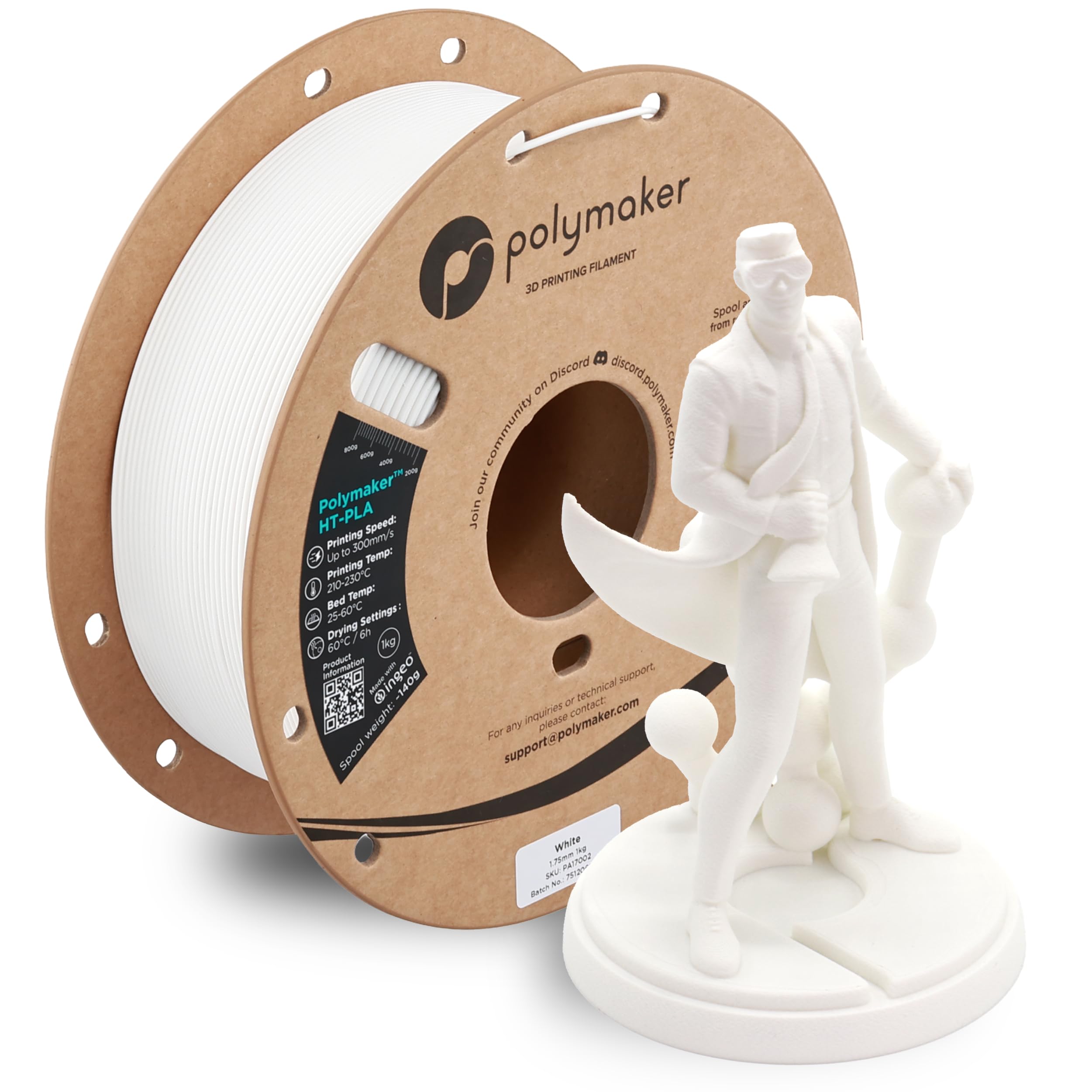 Polymaker HT-PLA Filament 1.75mm White, High Temp PLA for 3D Printing, Heat Stable Up to 150C, Easy to Print, Works with Most FD
