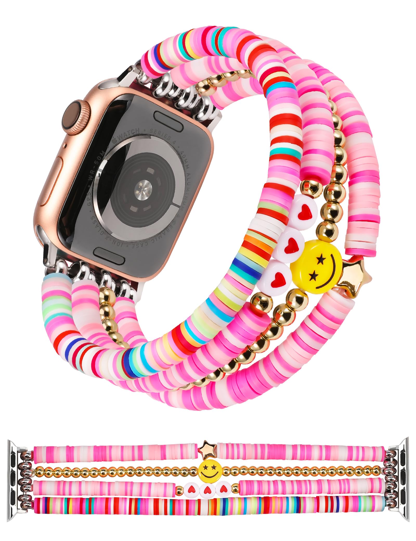 TOYOUTHS Heishi Beaded Bracelet Compatible with Apple Watch Band Women Kids Girl Cute Stretchy Clay Preppy Stack Elastic Strap f