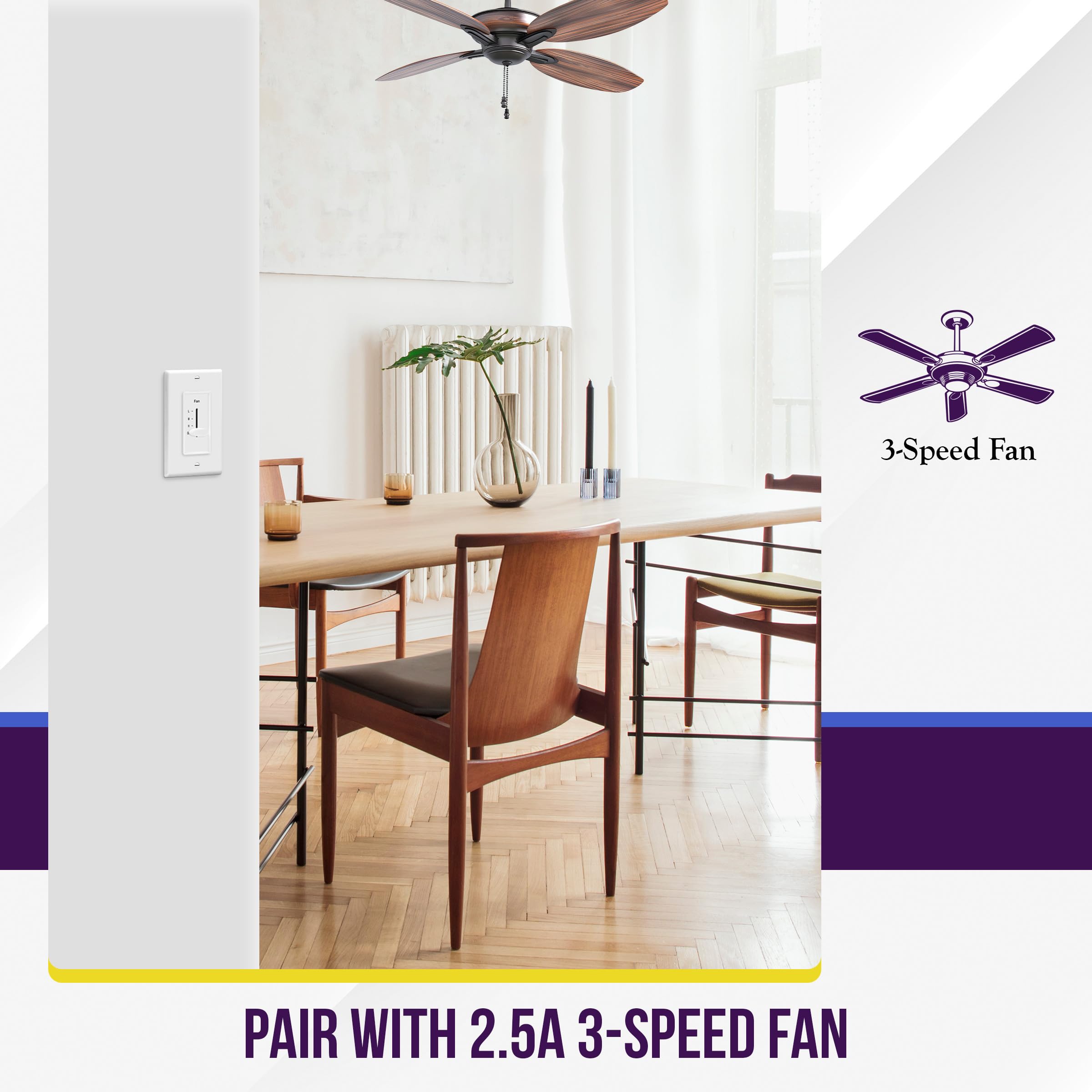 Enerlites 3 Speed In Wall Ceiling Fan Control, Slide Switch, 120Vac, 2.5A, Single Pole, No Neutral Wire Required, 17000 F3 W F,