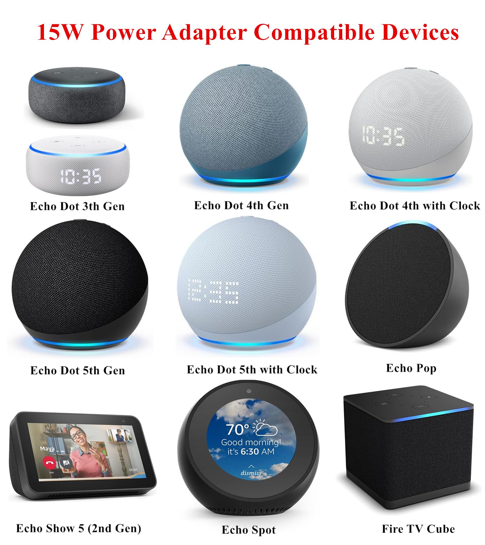 15W Power Adapter For Echo Dot (3Rd/4Th/5Th Gen),Echo Dot With Clock (3Rd/4Th/5Th Gen), Echo Dot Kids Edition, Echo Show 5(1St &