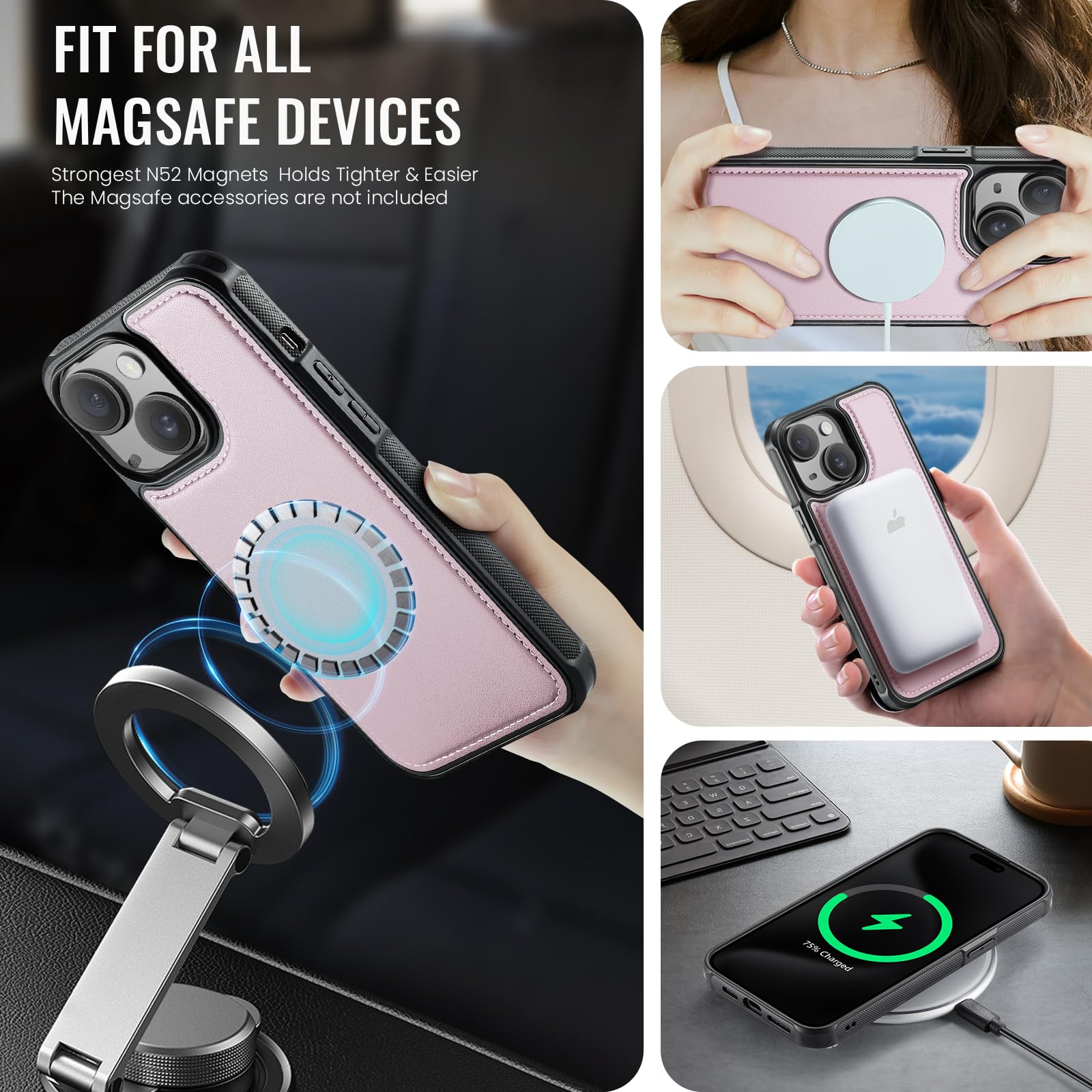 Usroom Compatible With Magsafe For Iphone 15 Wallet Case Magnetic Card Holder, Rfid Blocking 2 In 1 Detachable Kickstand Shockpr