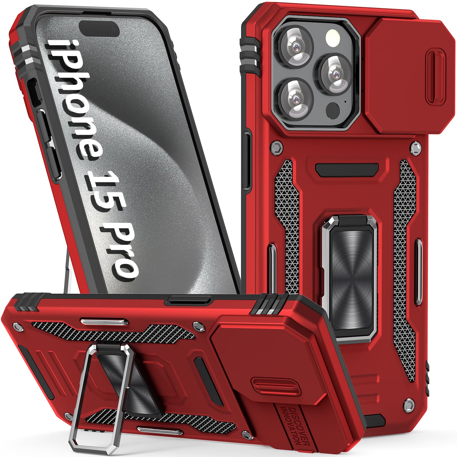 Sefing Case For Iphone 15 Pro Phone Case Iphone 15 Pro Case With Slide Camera Cover, With Finger Ring Holder Stand, Fit Magnetic