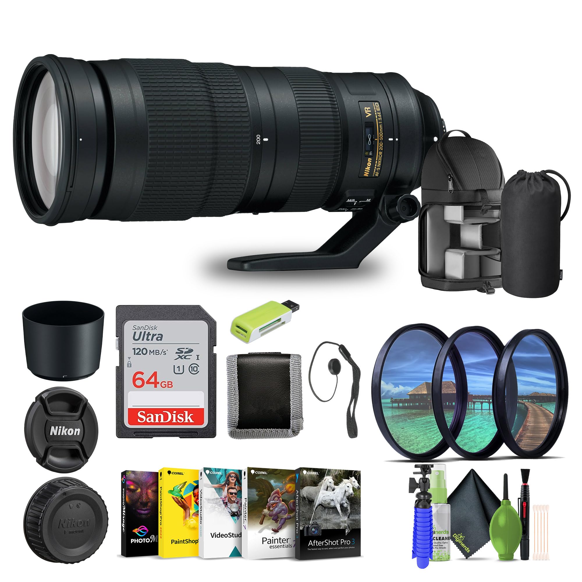 Nikon - AF-S NIKKOR 200-500mm f/5.6E ED VR Super Telephoto Zoom Lens (20058) + 64GB Memory Card + Backpack + Card Reader + Corel