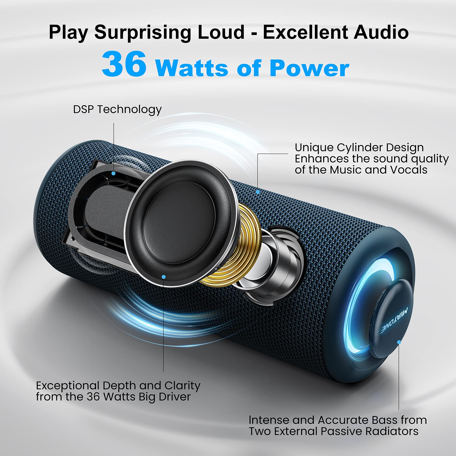 Miatone Portable Bluetooth Speakers 36W Stereo Sound Bass Boost, Bluetooth 5.3 Tws Pairing (Blue)