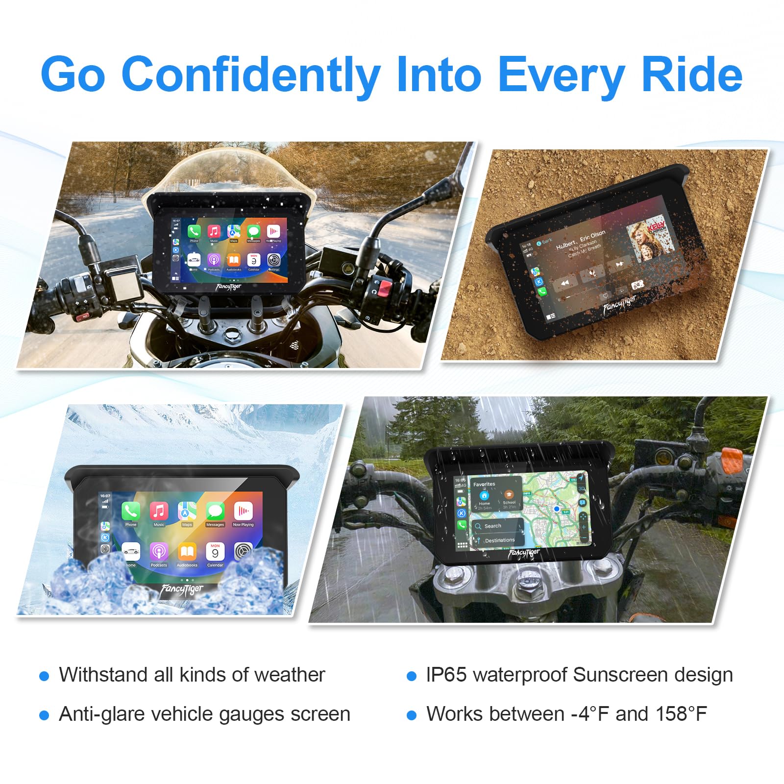 Fancytiger Portable Wireless Apple Carplay & Android Auto Screen For Motorcycle, Motorcycle Camera/Motorcycle Dash Cam, Tpms, 5