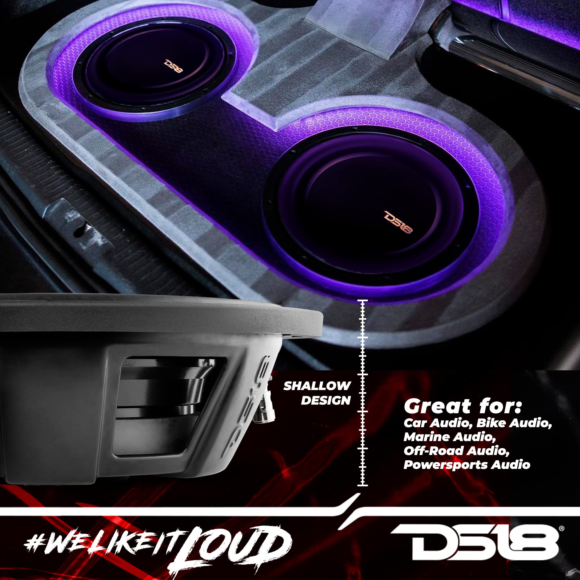 Ds18 Psw12.2D 12 Shallow Mount Subwoofer 1200 Watts Max Power 600 Watts Rms Dual Voice Coil 2+2 Ohms Water Resistant - Best Sub