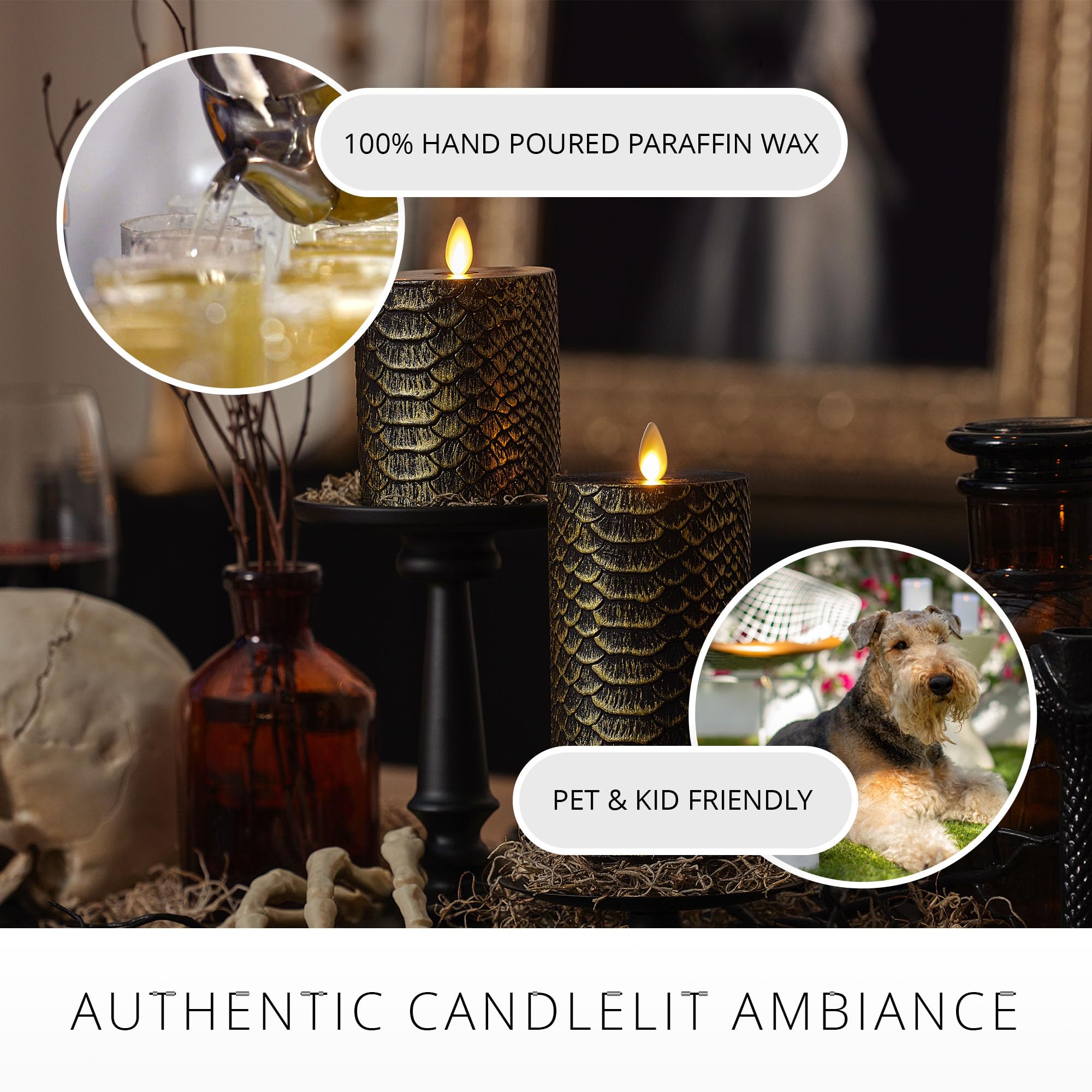 Luminara Black And Gold Snake Skin Flameless Led Candle, Flat Top Moving Flame Pillar, Real Unscented Wax And Timer (3'' X 4.5''