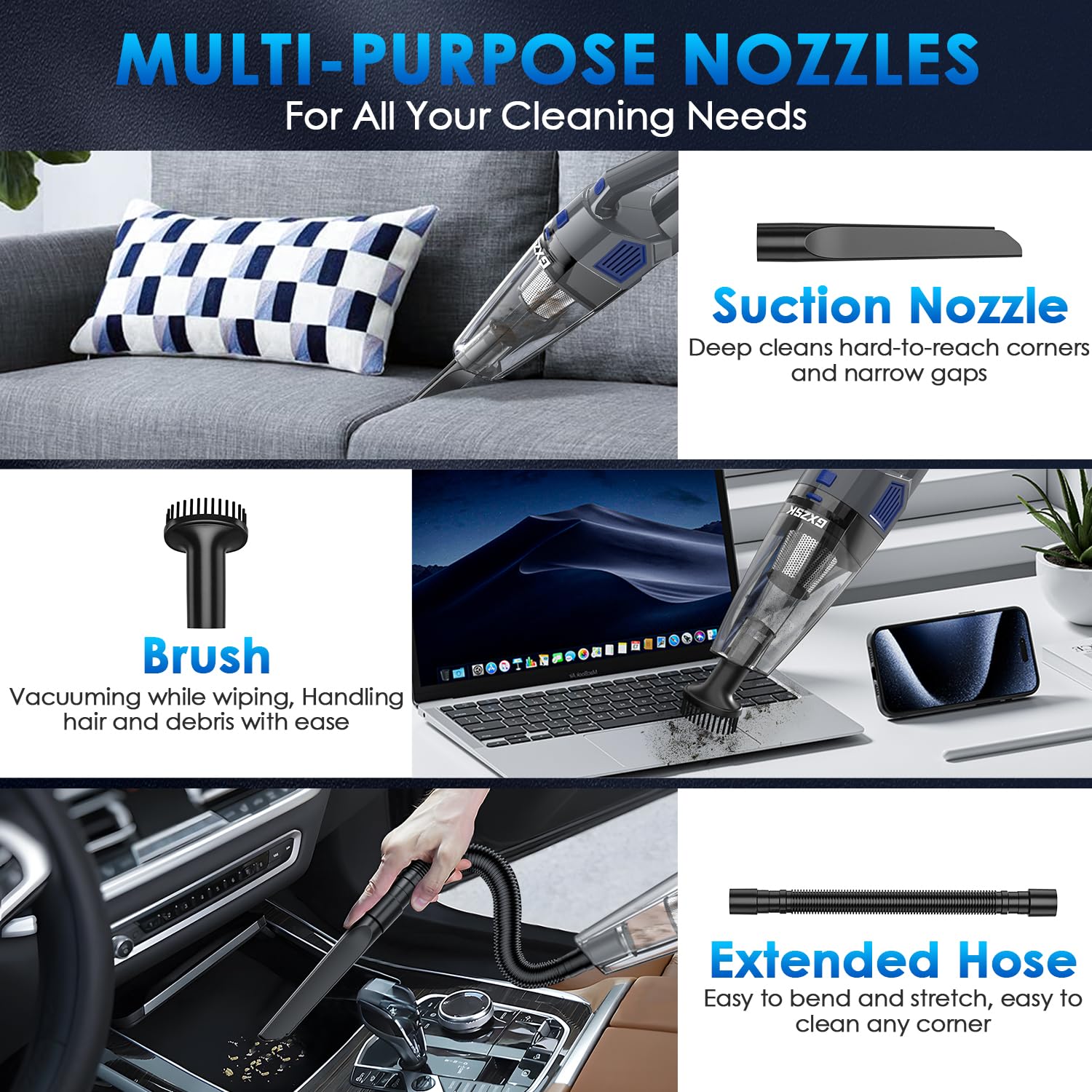 Gxzsk Handheld Vacuum Cordless, 15000Pa Strong Suction Hand Held Car Vacuum Cleaner Rechargeable, Portable Hand Vacuum With Mult