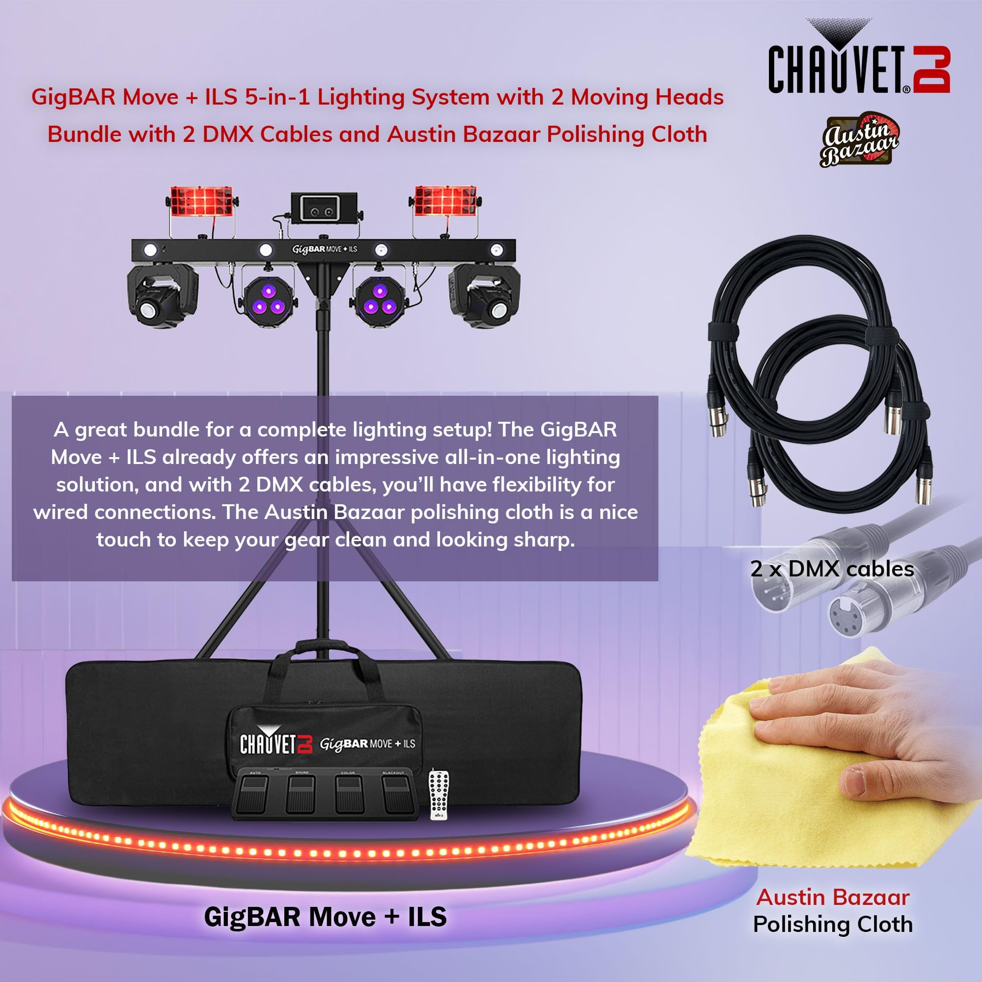 Chauvet Dj Gigbar Move + Ils 5-In-1 Lighting System With 2 Moving Heads Bundle With 2 Dmx Cables And Austin Bazaar Polishing Clo