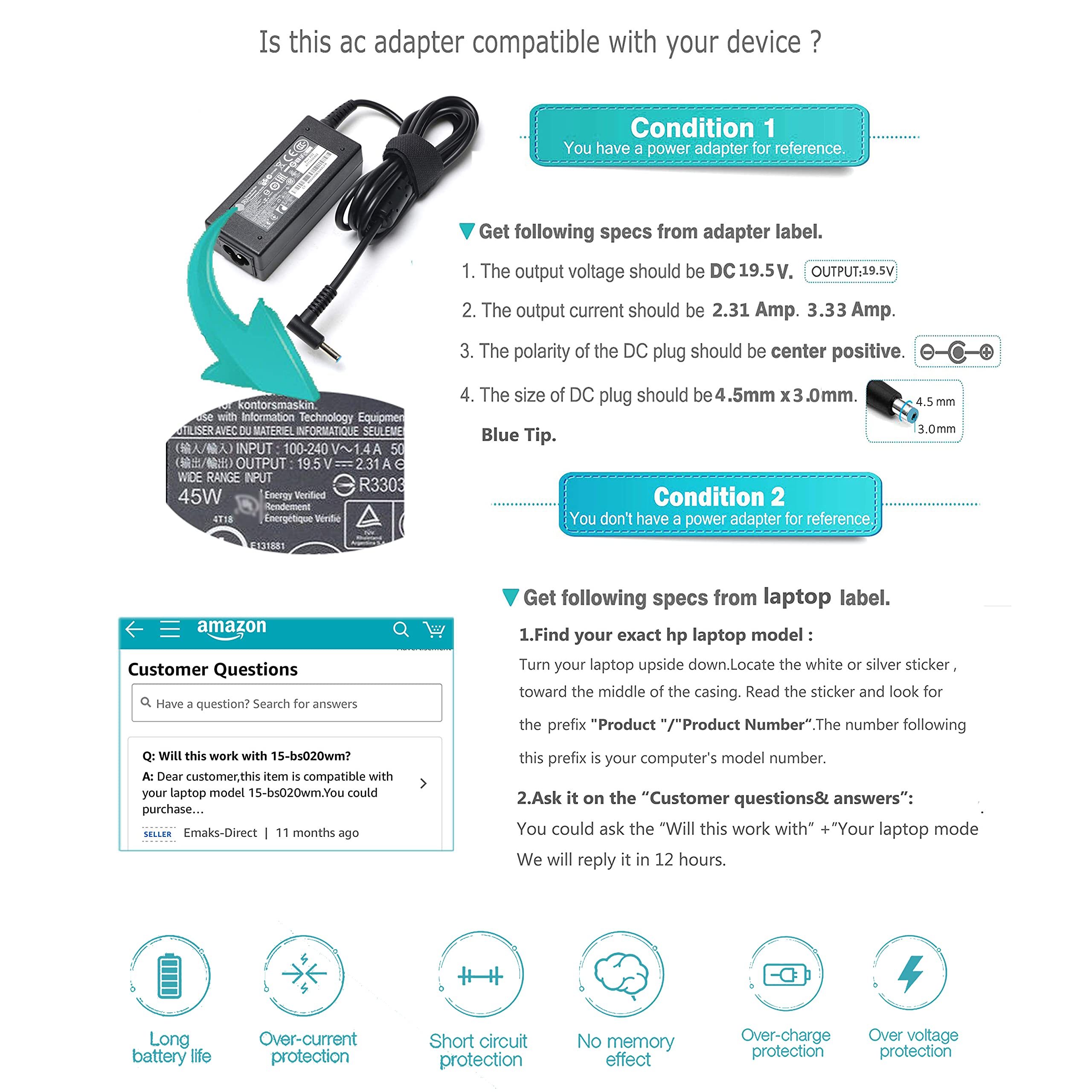 45W 65W Laptop Charger Sk90A195231 For Hp Pavilion 15 F:15 F111Dx 15 F272Wm 15 F211Wm 15 F271Wm 15 F233Wm 15 F387Wm 15 F211Nr 15 F337Wm 15 F224Wm And More Hp Laptop Power Supply Cargador Ac Adapter