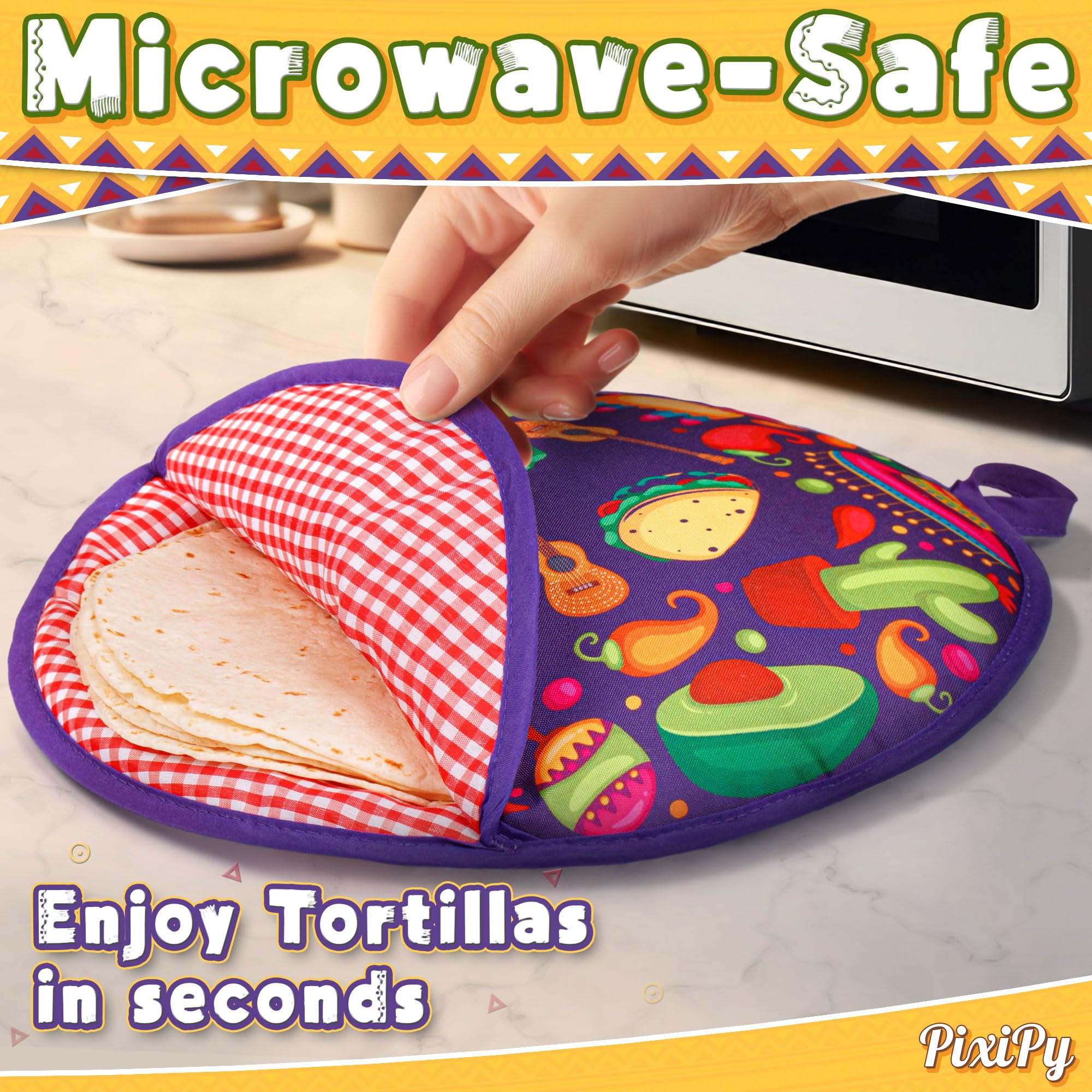 Pixipy Tortilla Warmer Pouch (Tacos, 12 Inch), Microwavable Fabric Tortilla Heater Pouch To Keep Tortillas Soft & Warm, Insulate