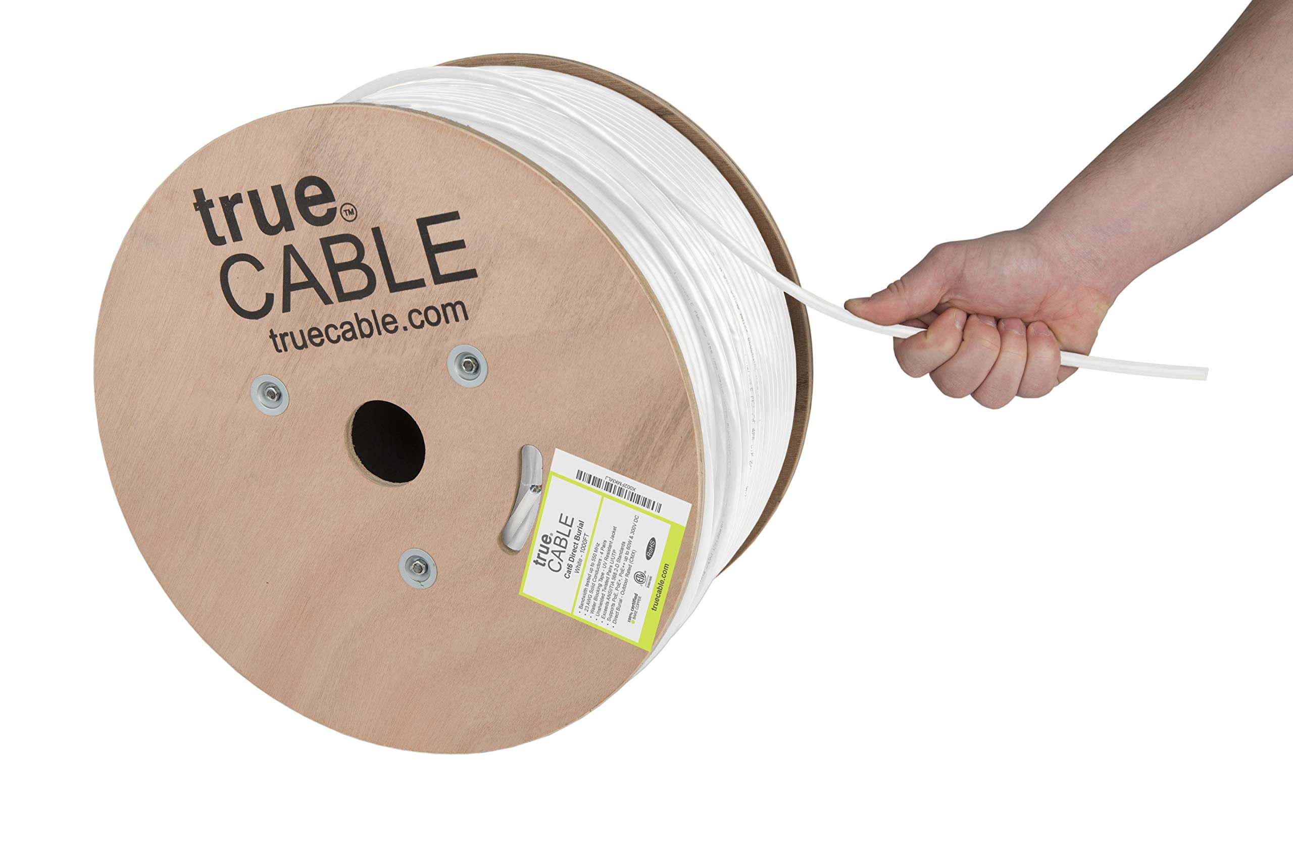 Truecable Cat6 Direct Burial, 1000Ft, Waterproof, Outdoor Rated Cmx, White, 23Awg Solid Bare Copper, 550Mhz, Poe++ (4Ppoe), Etl Listed, Unshielded Utp, Bulk Ethernet Cable