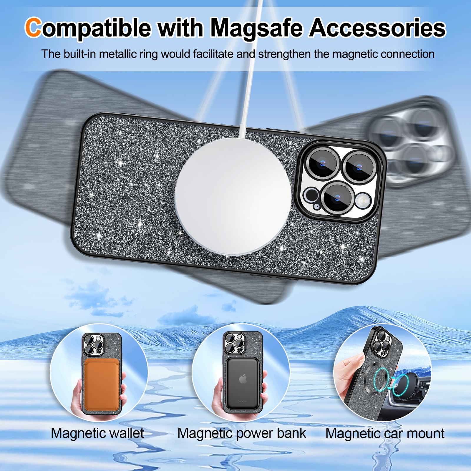 Hython For Iphone 15 Pro Case Glitter, Clear Magnetic Phone Cases With Camera Lens Protector [Compatible With Magsafe] Bling Spa