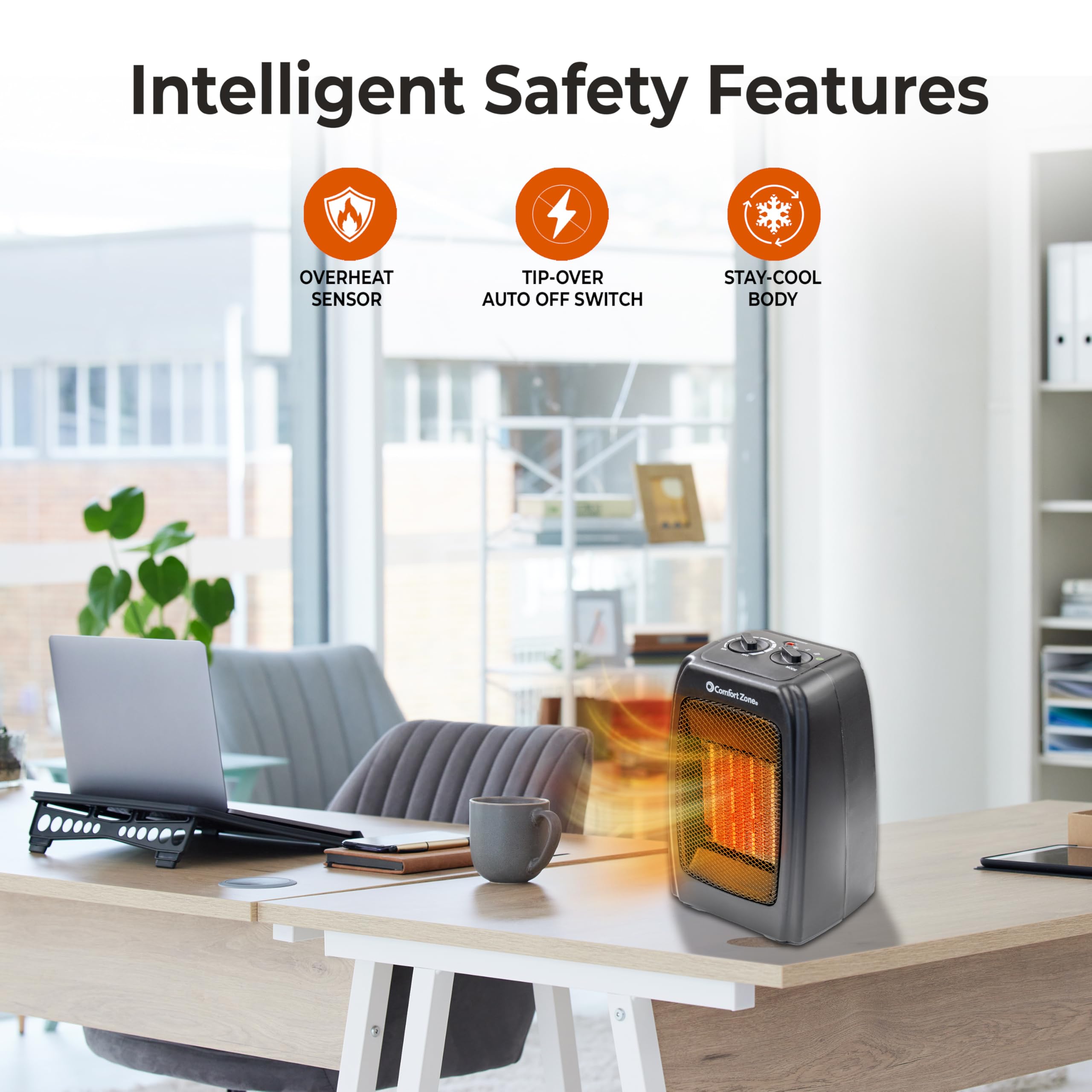 Comfort Zone Cz442E Personal Energy Save Ceramic Heater   1500W Portable With Adjustable Thermostat, Tip Over Switch & Overheat