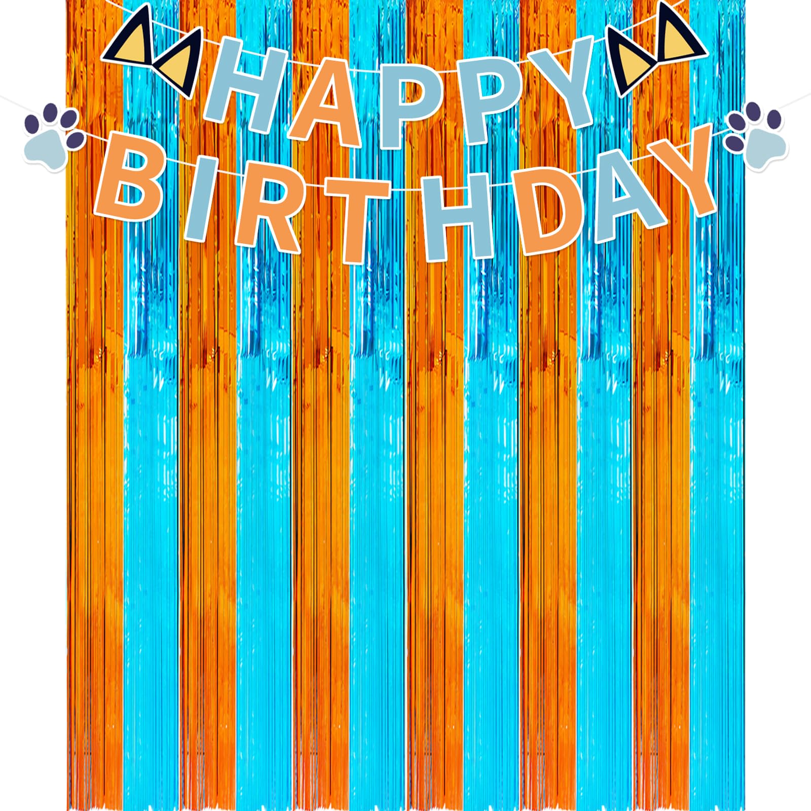 2 Pack 3.3X6.6Ft Blue Dog Foil Fringe Curtains And Banner, Orange And Blue Tinsel Photo Booth Prop, Streamer Backdrop Blue Dog B