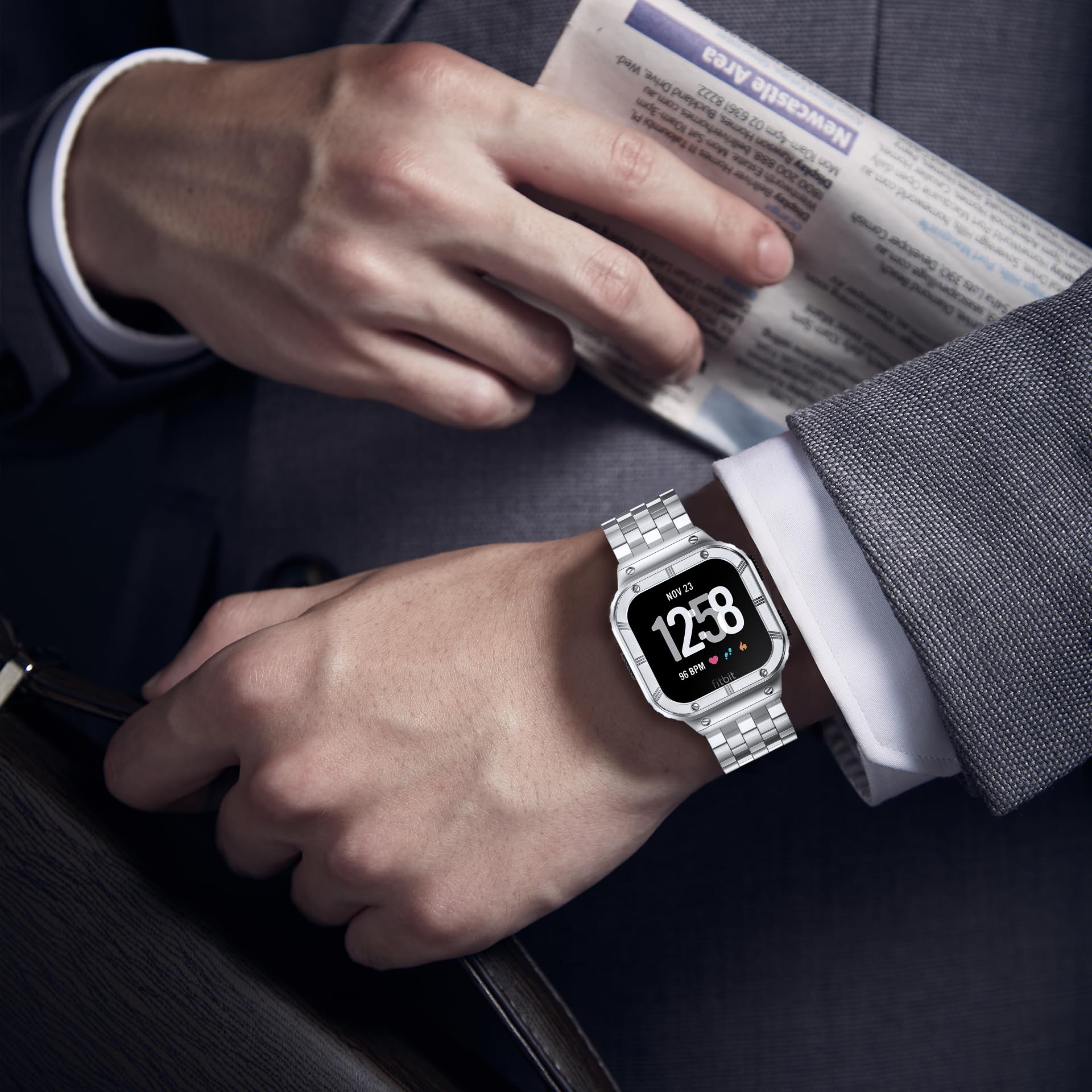 Suplink Stainless Steel Case And Band Compatible With Fitbit Versa 2 Bands/Versa/Versa 3/Fitbit Versa 4 Bands Men,Rugged Cover S