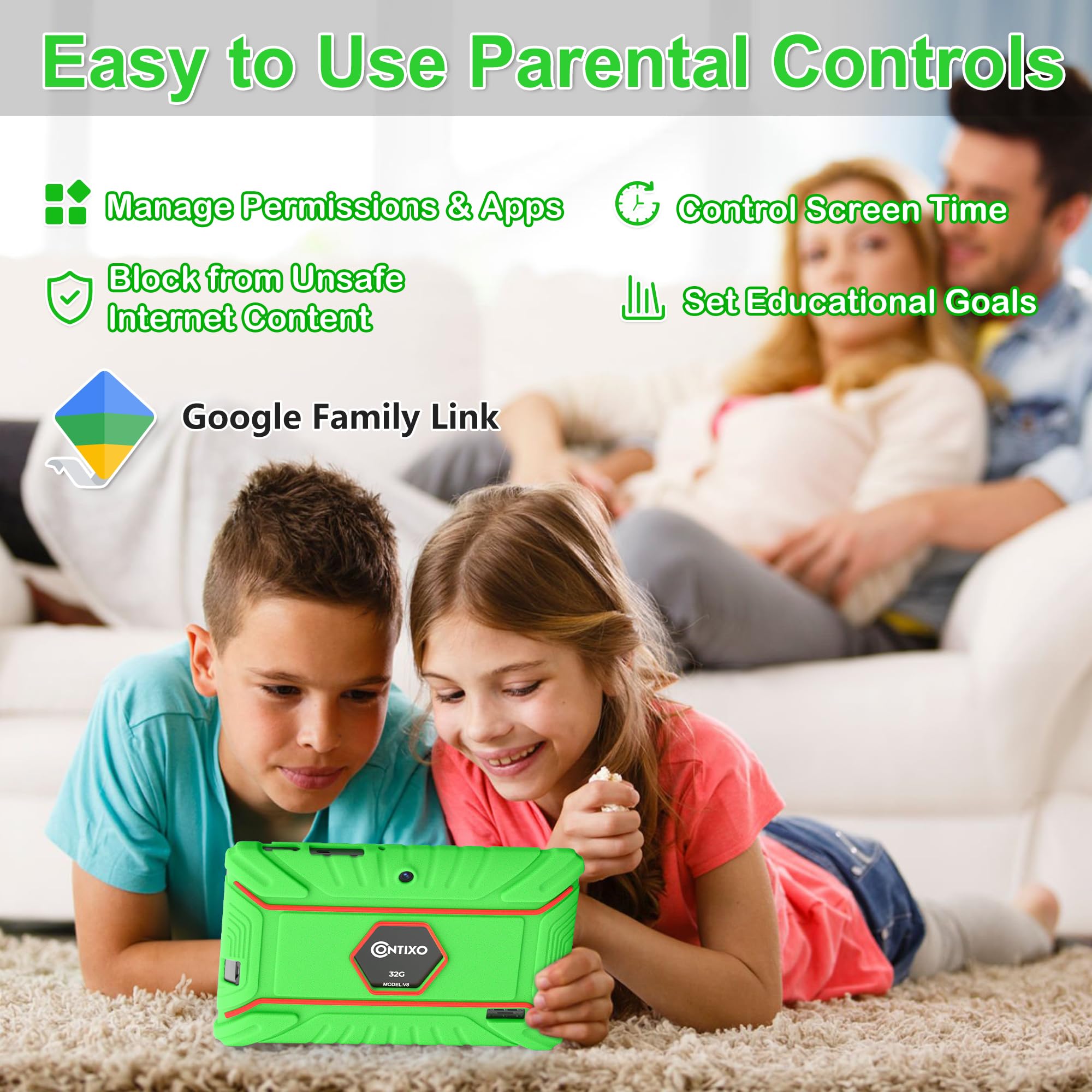 Contixo Kids Tablet V8, 7 Inch Hd, Ages 3 7, Toddler Tablet With Camera, Parental Control   Android 11, 16Gb, Wifi, Learning Tablet For Kids, Green