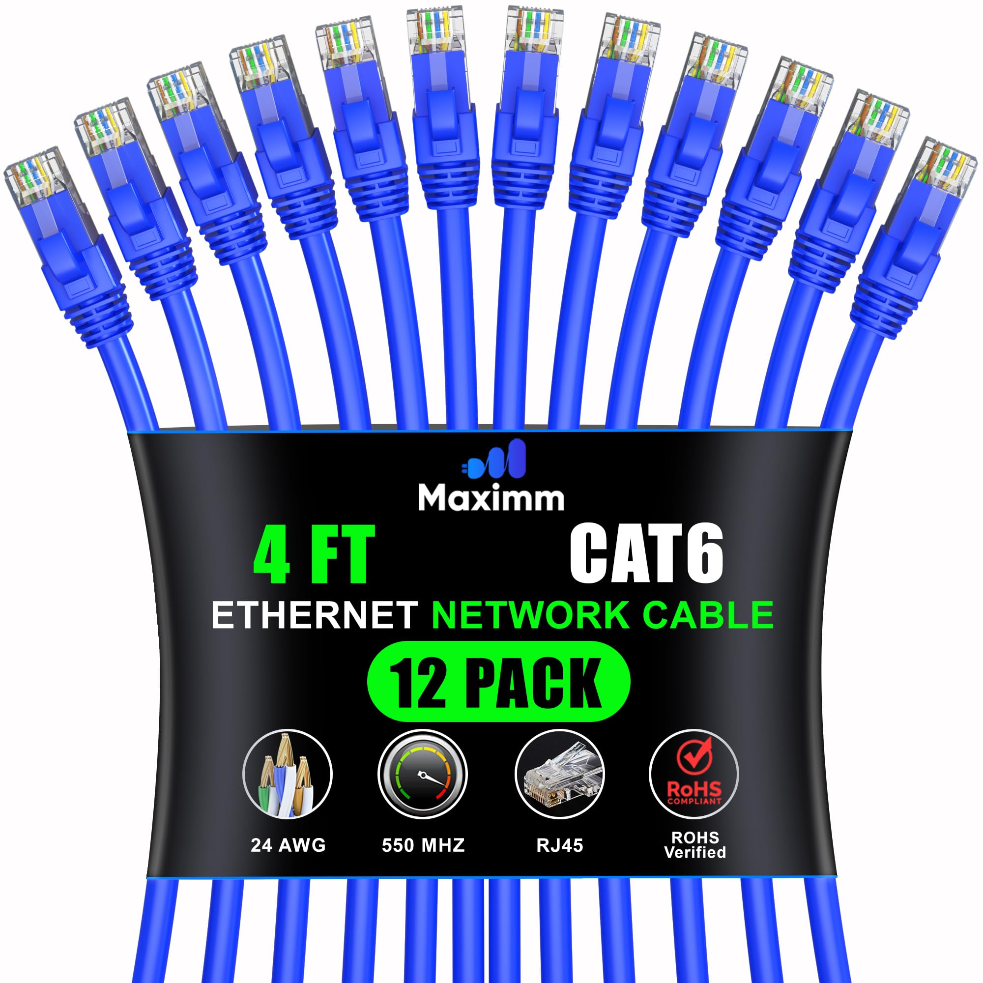 Maximm Cat 6 Ethernet Cable 4 Ft, (12 Pack) Cat6 Cable, Lan Cable, Internet Cable, Patch Cable And Network Cable   Utp (Blue) 4 Feet Ethernet Cord