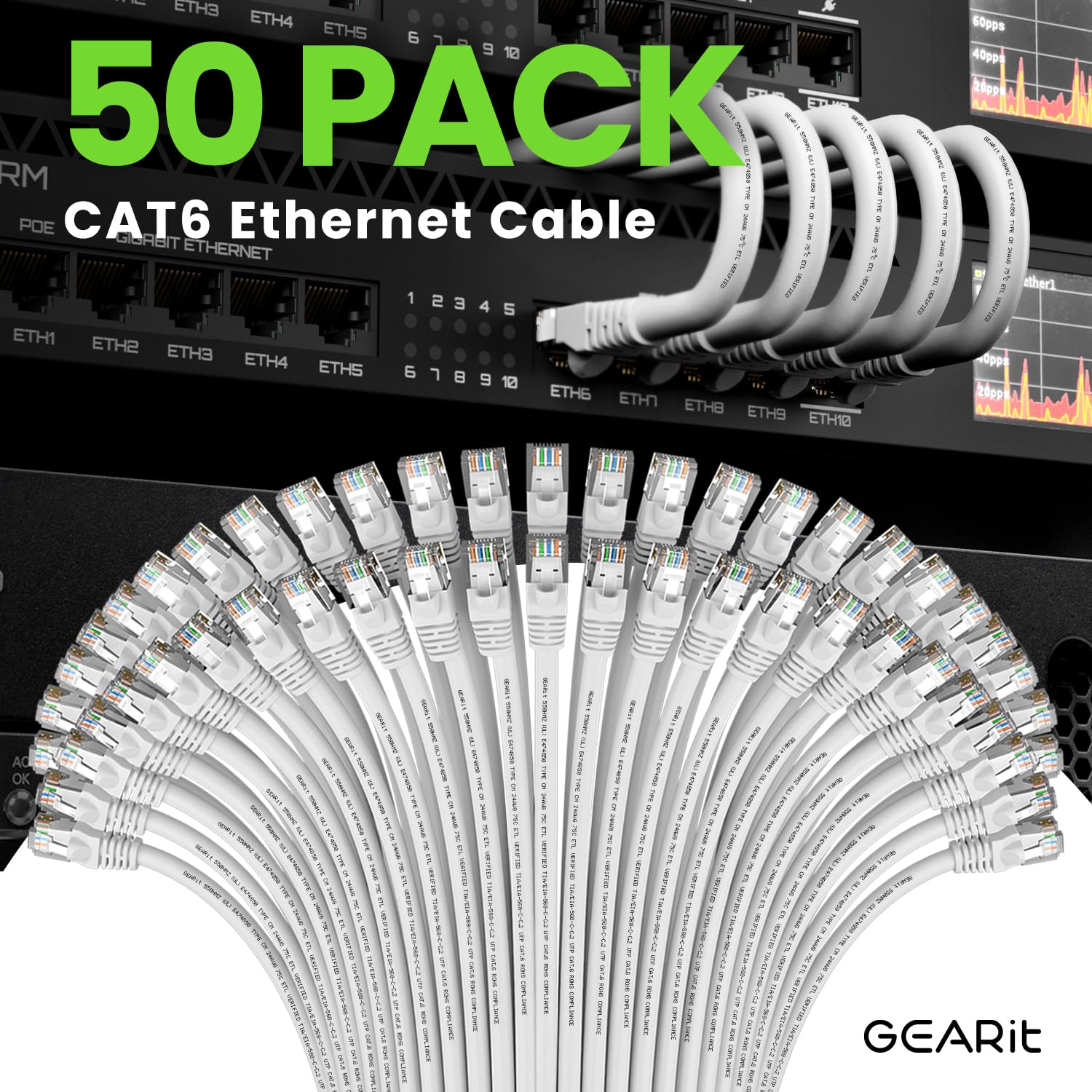 Gearit 50 Pack, Cat 6 Ethernet Cable Cat6 Snagless Patch 1 Foot   Snagless Rj45 Computer Lan Networ