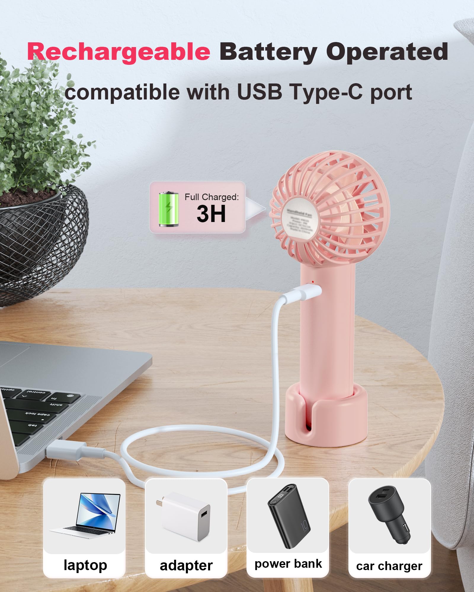 Coohea 2 Pack Pink Handheld Fan Battery Operated Portable Fan 3 Speeds Powerful Mini Fan With Base & Lanyard Usb Powered Small F