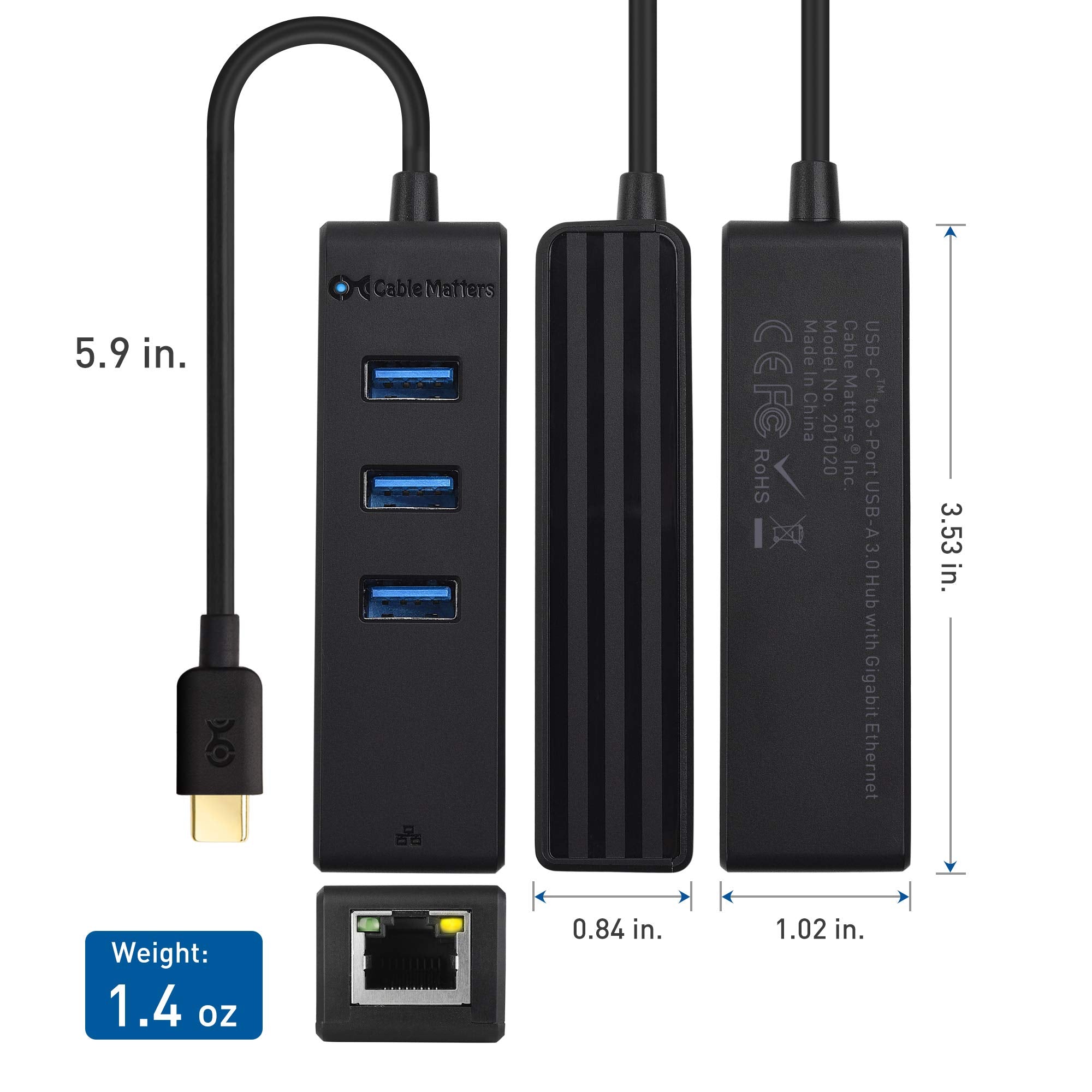 Cable Matters 4-in-1 USB C Hub Gigabit Ethernet 3-Port USB 3.0 Thunderbolt 3 Compatible Black