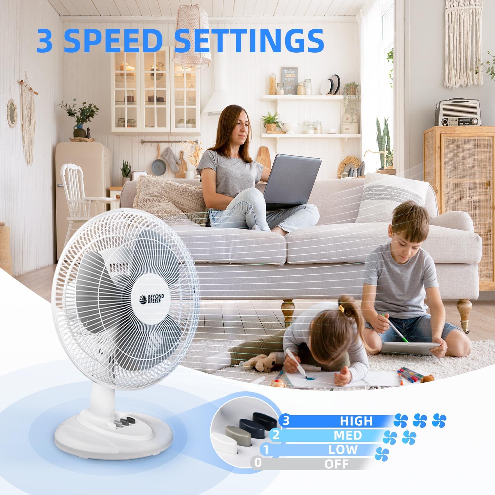 Beyond Breeze Oscillating Table Fan Quiet 3 Speed 12 Inch Adjustable Tilt Fan With Safety Grill, Ideal For Home, Office, Dorm