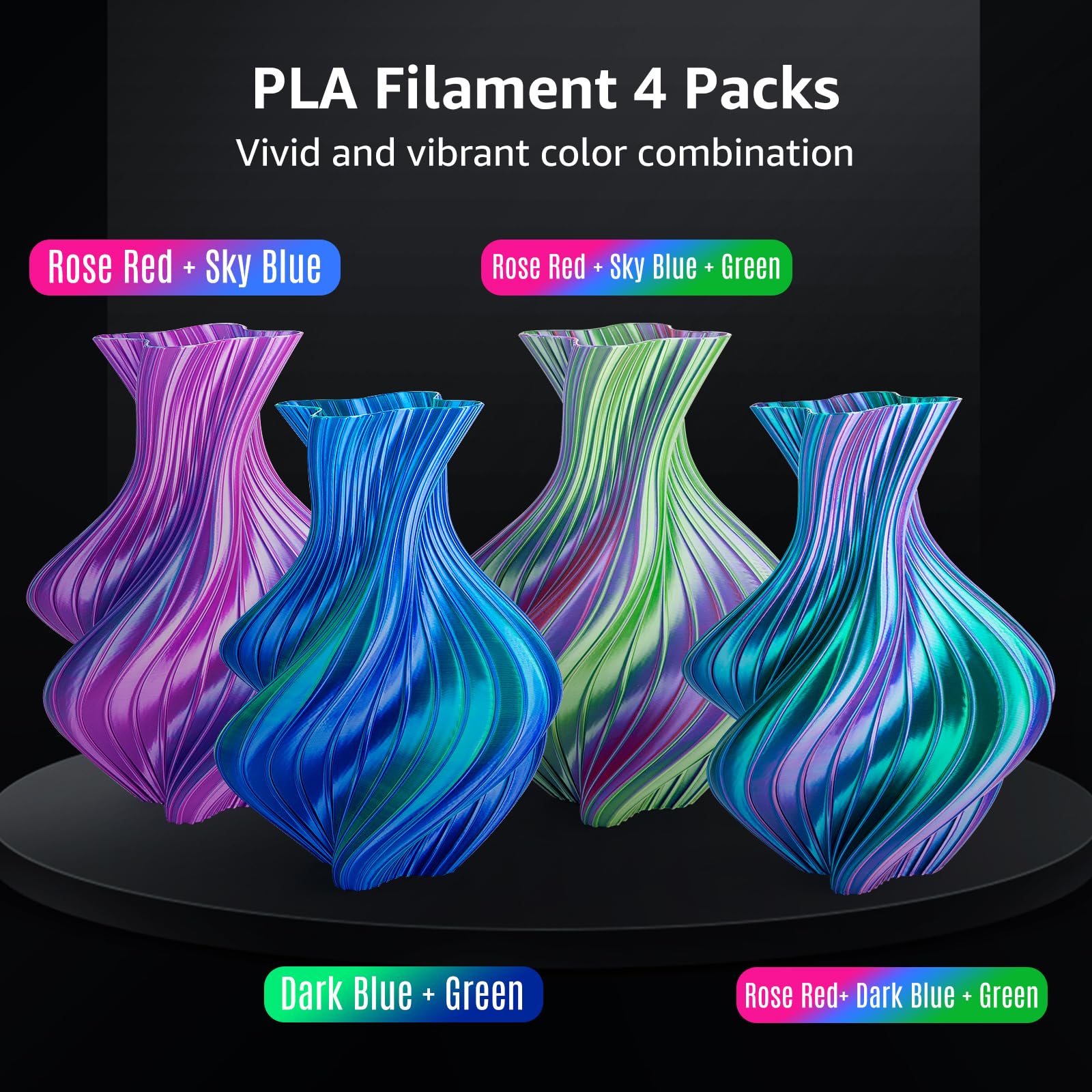 Dikale Silk Pla+ Pro 1.75Mm 3D Printer Filament - 4 Spool Multi-Color Bundle (250Gx4) With Rose Red/Sky Blue/Green/Dark Blue- Tr