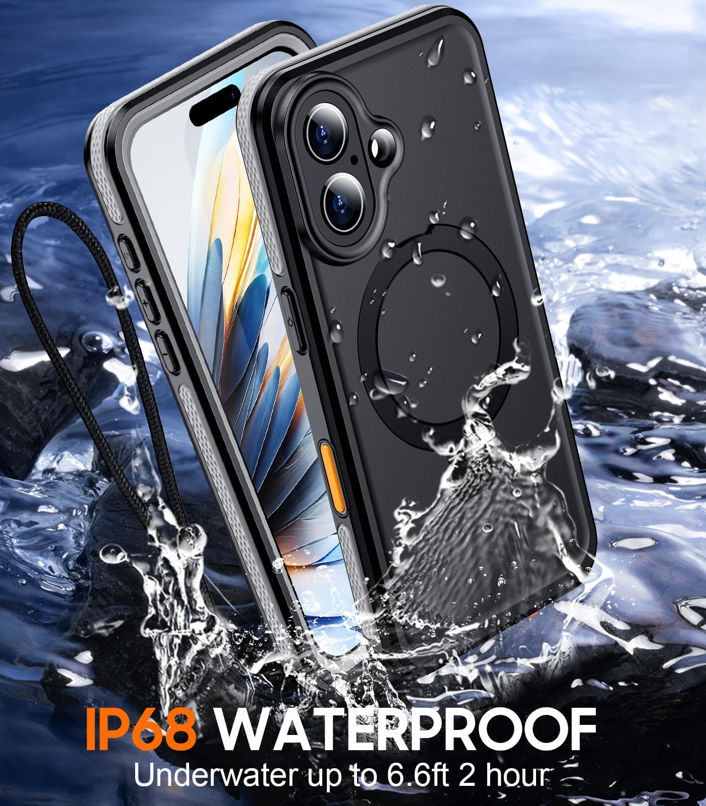 Temdan Magnetic For Iphone 16 Case Waterproof, [Built In Ring Invisible Stand & Screen Protector][Ip68 Underwater][Dropproof][Du
