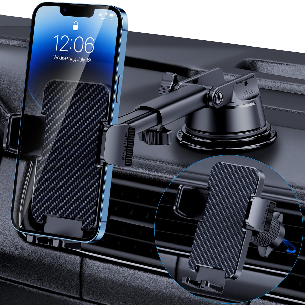 Phone Holder Car [Military Grade Suction Ultra Strong Base] Cell Phone Car Holder 3 In 1 Phone Mount For Car Dashboard Windshiel