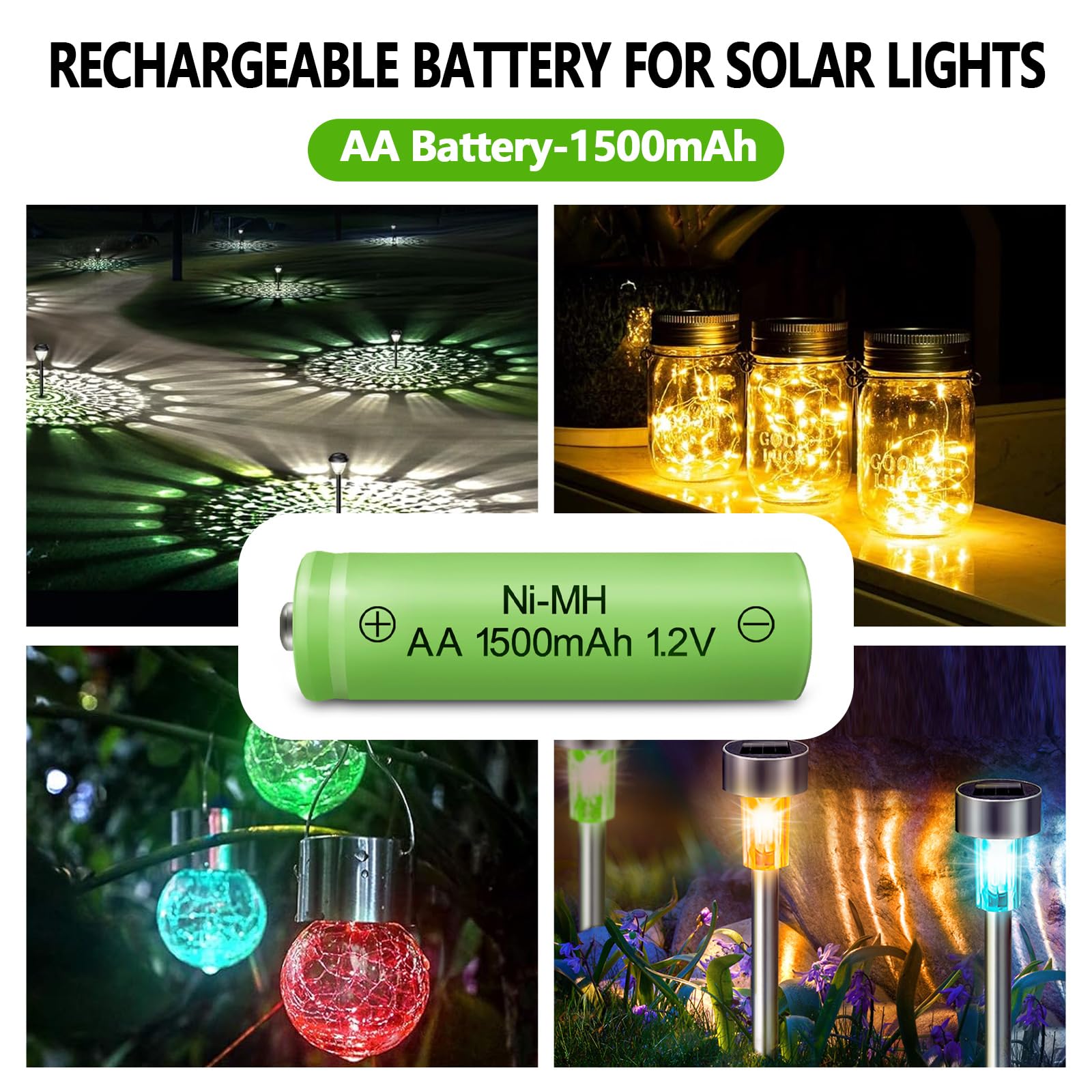 Genyestar Solar Lights Rechargeable Aa Batteries 1500Mah High Capacity 1.2V Ni-Mh Double A Battery For Outdoor Lights, String Li