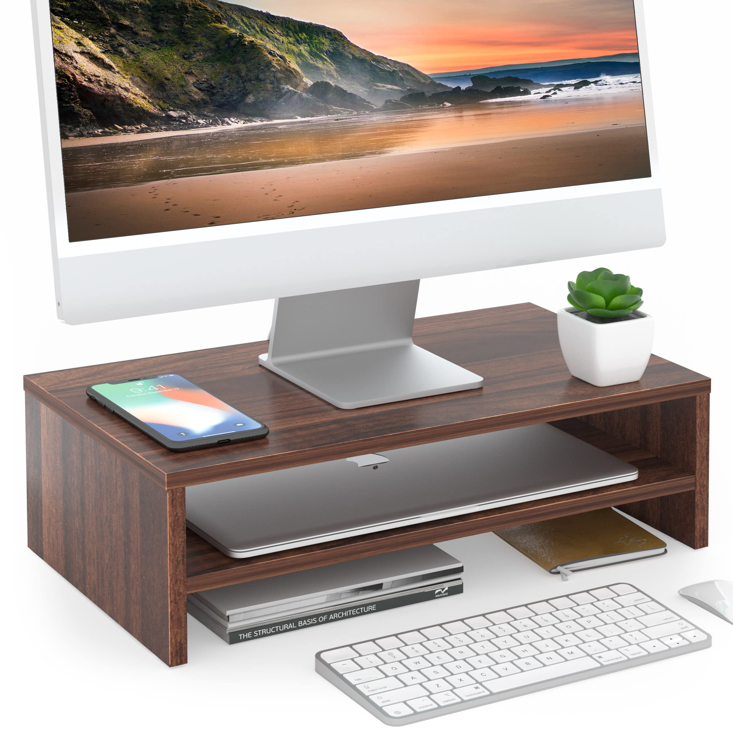 FITUEYES Monitor Stand   2 Tier Computer Monitor Riser with 16.7 Inch Shelf, Wood Desktop Stand for Laptop Computer Screen, Desk Organization, Office Supplies