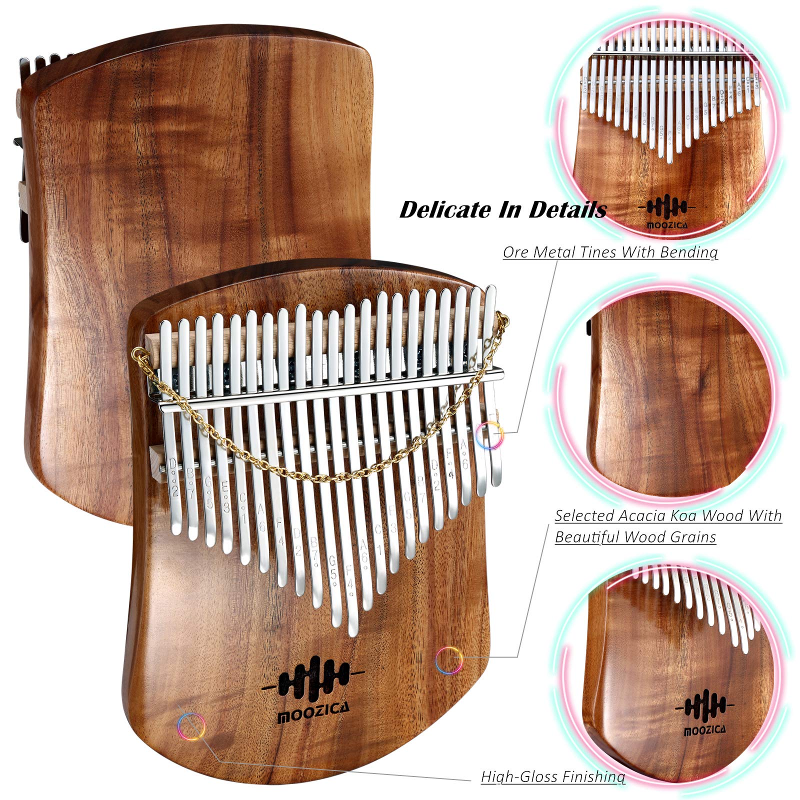 Moozica 21 Keys Solid Koa Kalimba Thumb Piano, Single Solid Wood Flat Board Professional Kalimba Marimba With Learning Instructi
