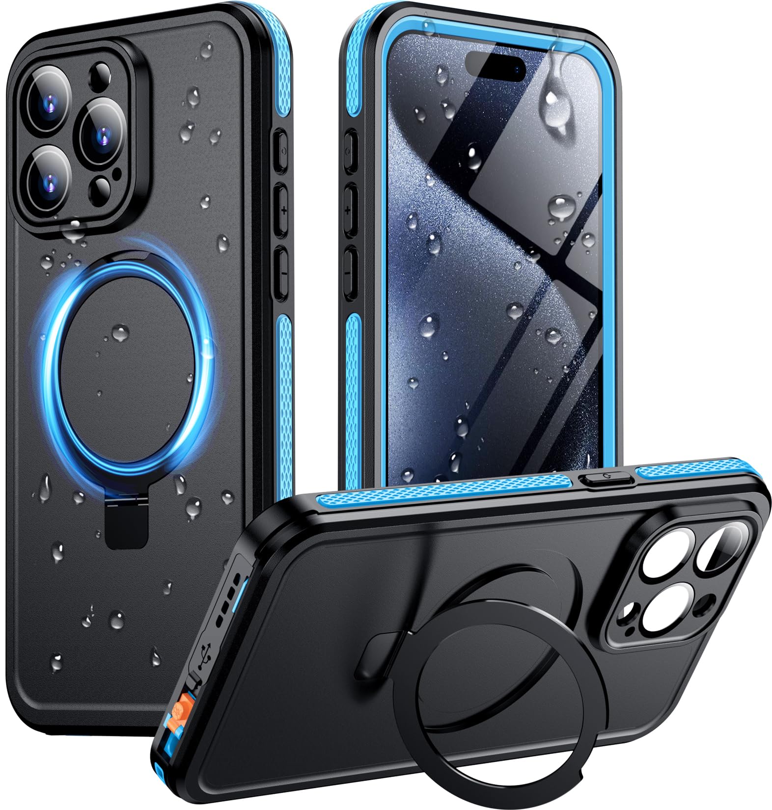 Temdan Magnetic For Iphone 15 Pro Case Waterproof,[Ip68 Underwater] [Built In Ring Invisible Stand & Screen Protector][Drop Resi