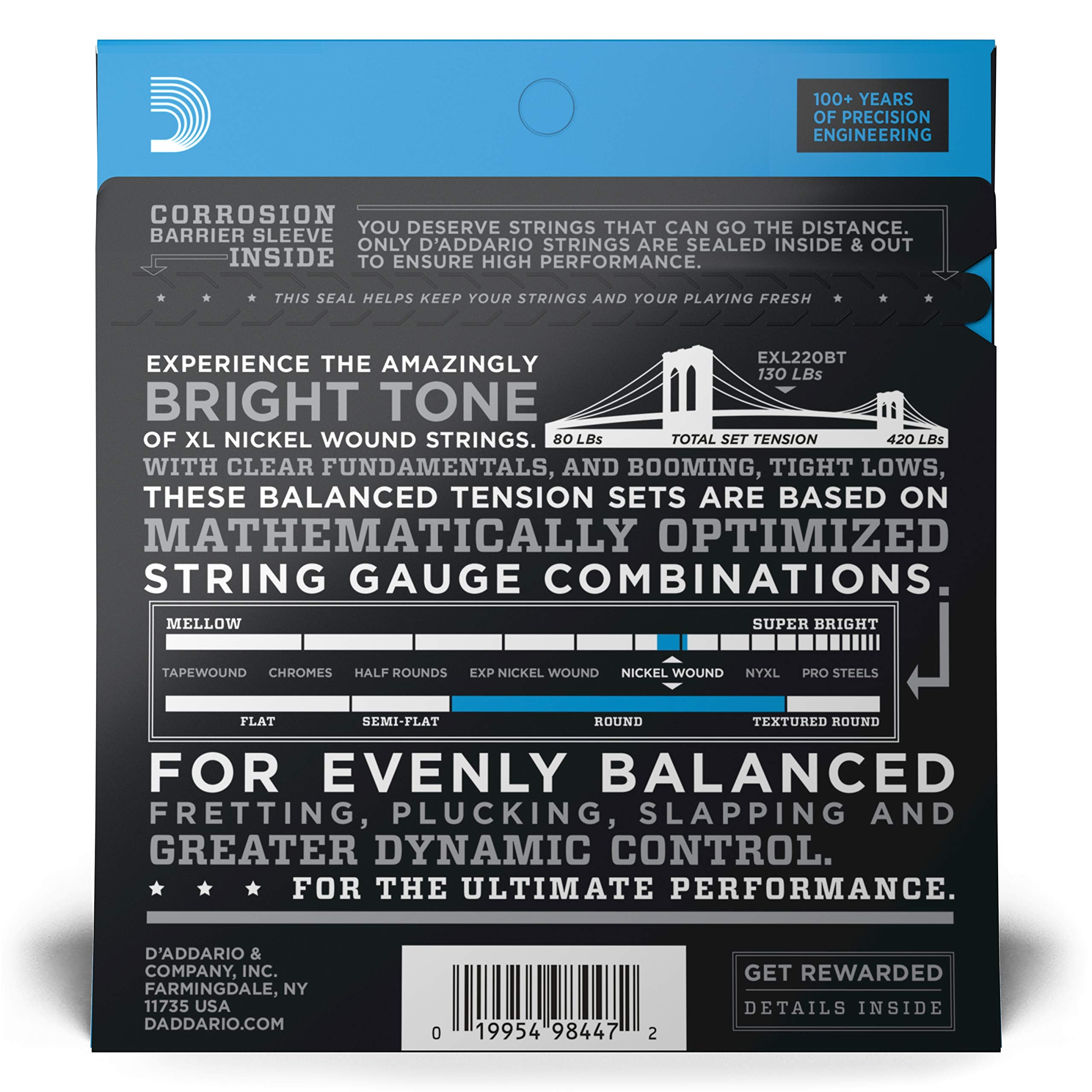 D'Addario Exl220Bt 45 65 Gauge Nickel Wound Bass Guitar Strings, Balanced Tension Super Light