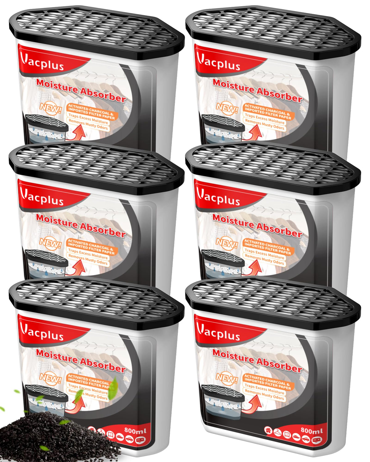 Vacplus Moisture Absorbers 6 Pack, 16Oz Portable Humidity Absorber Boxes For Your Bathroom, Closet & Car, Dehumidifier With Acti